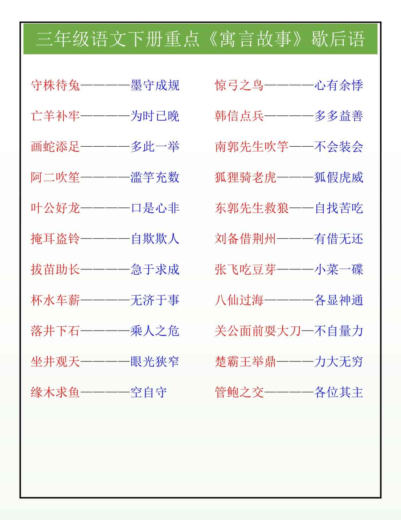 三年级语文下册重点《寓言故事》歇后语