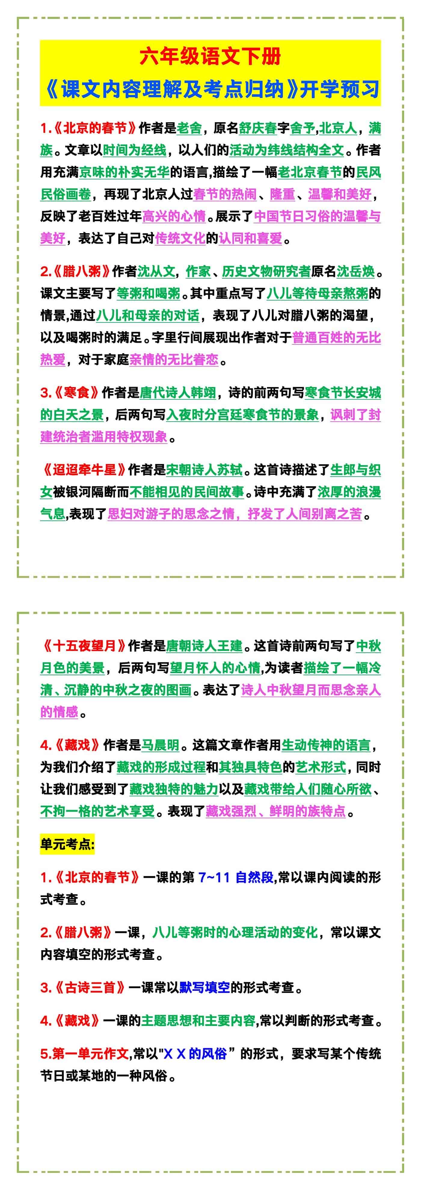 六年级语文下册《课文内容理解及考点归纳》，