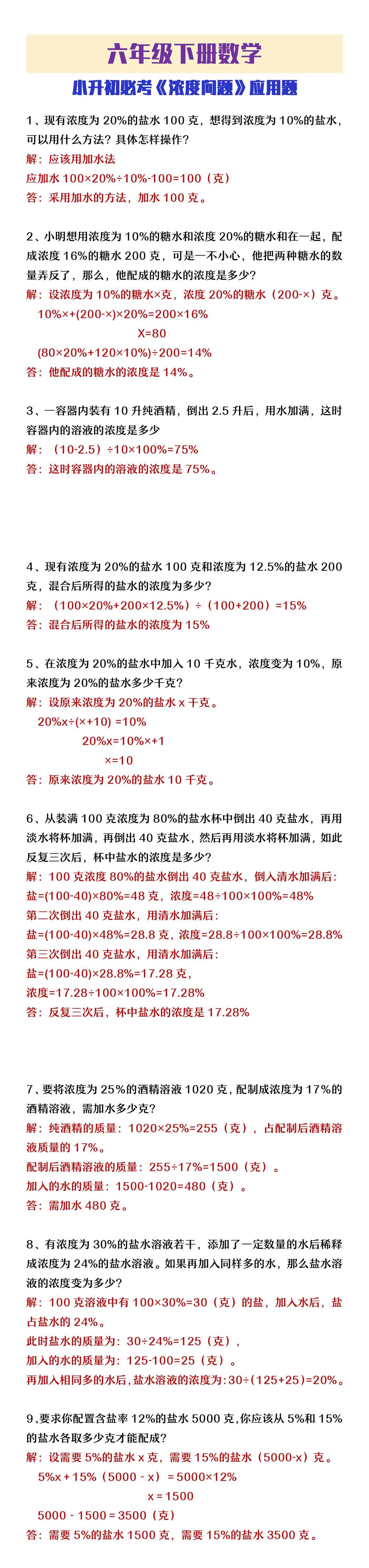 六年级下册数学小升初必考《浓度问题》应用题