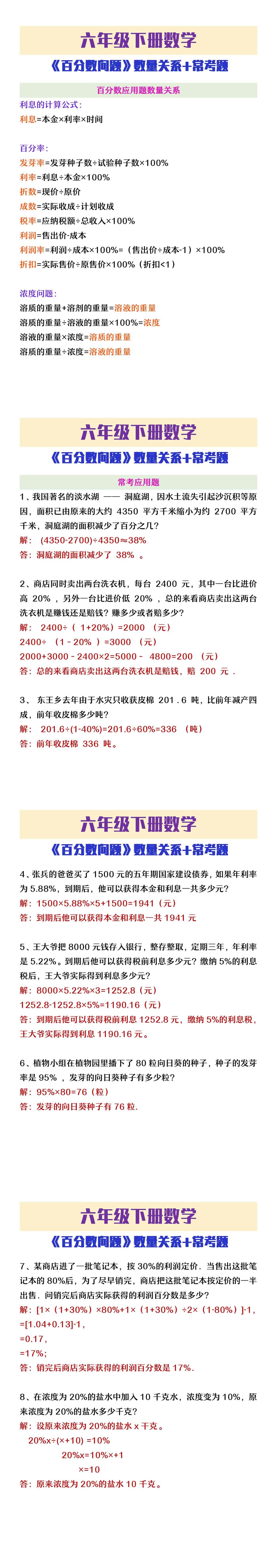 六年级下册数学《百分数问题》数量关系+常考题