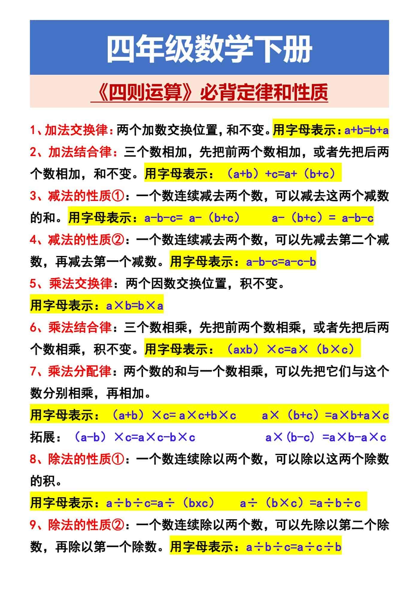 四年级数学下册 《四则运算》必背定律和性质