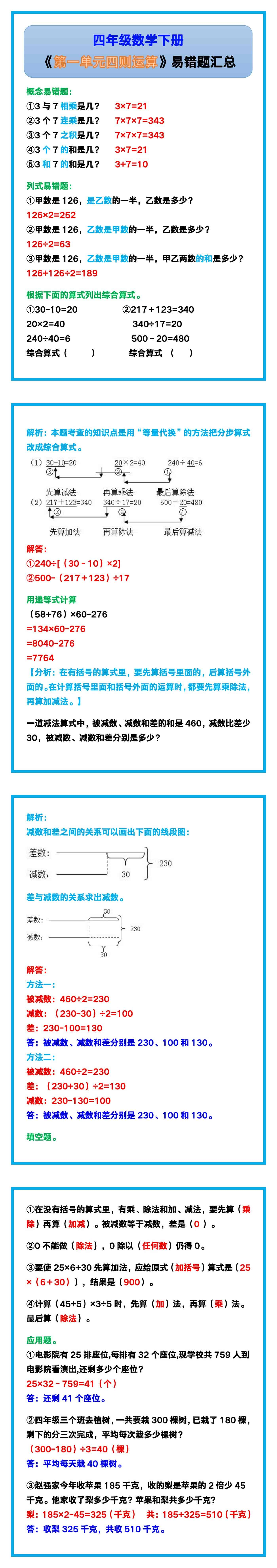 四年级数学下册《第一单元四则运算》易错题汇