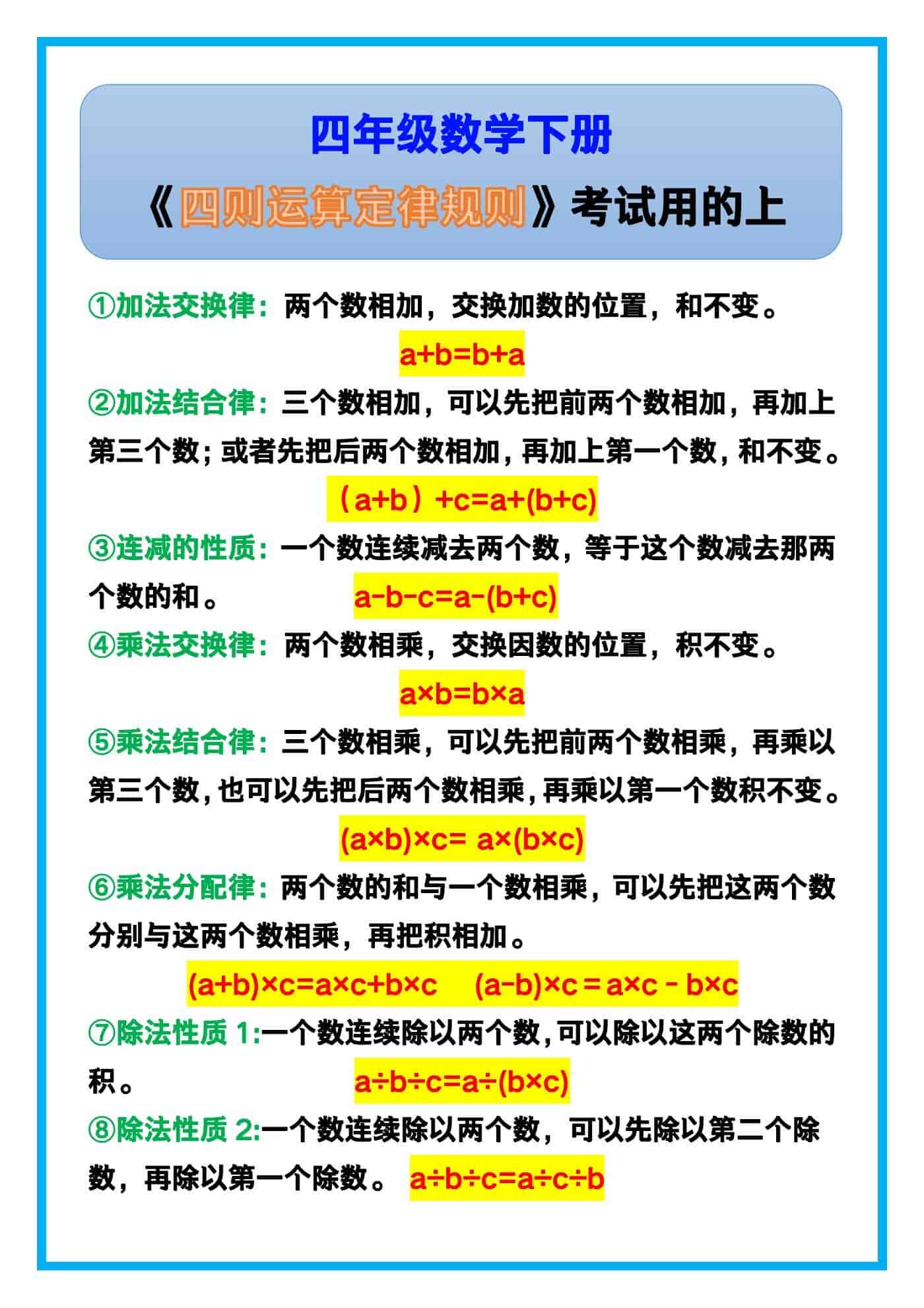 四年级数学下册《四则运算定律规则》，考试用