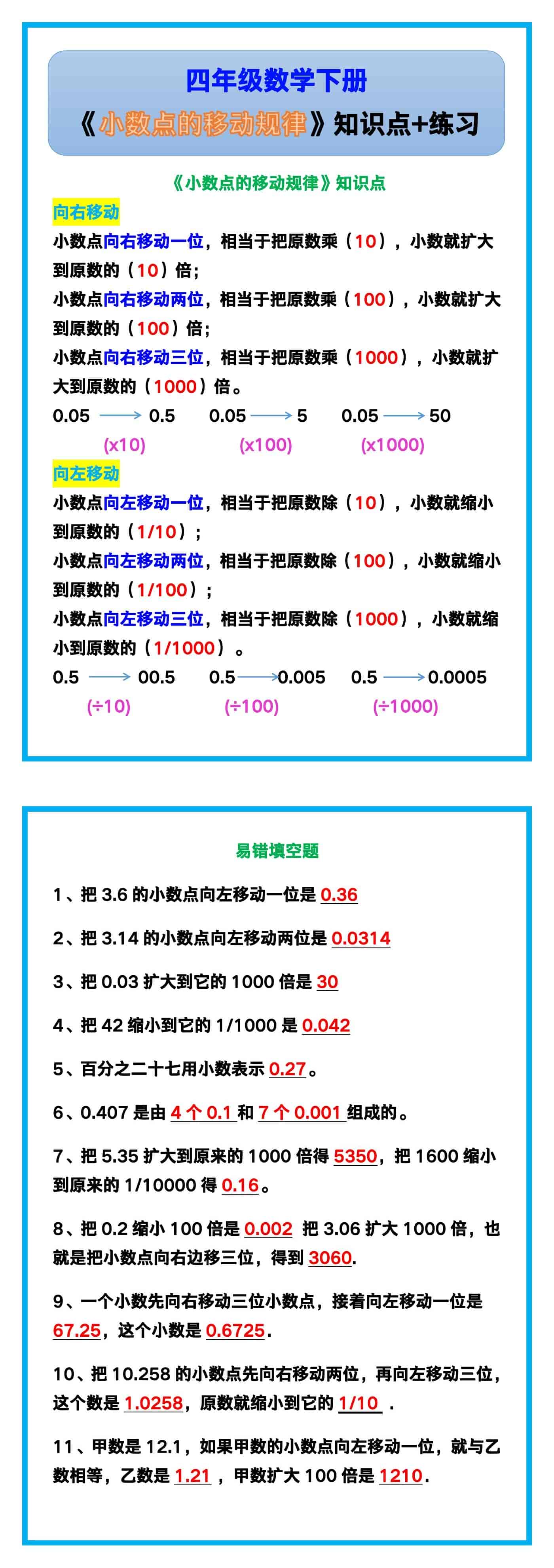 四年级数学下册《小数点的移动规律》知识点+练