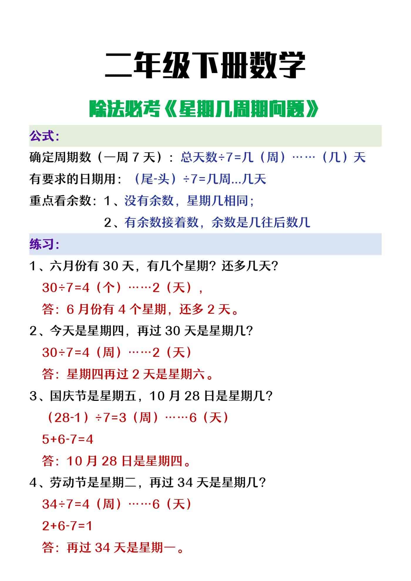 二年级下册数学除法必考《星期几周期问题》