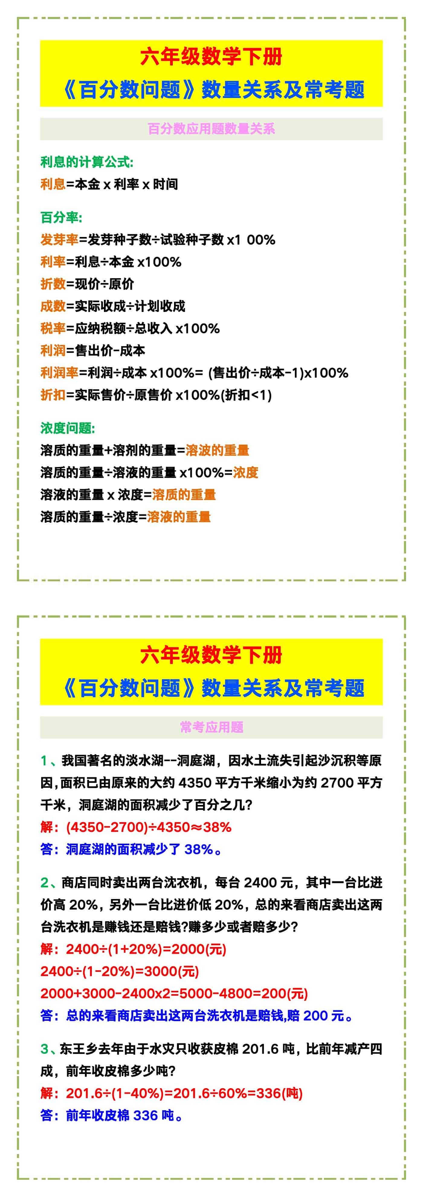 六年级数学下册《百分数问题》数量关系及常考