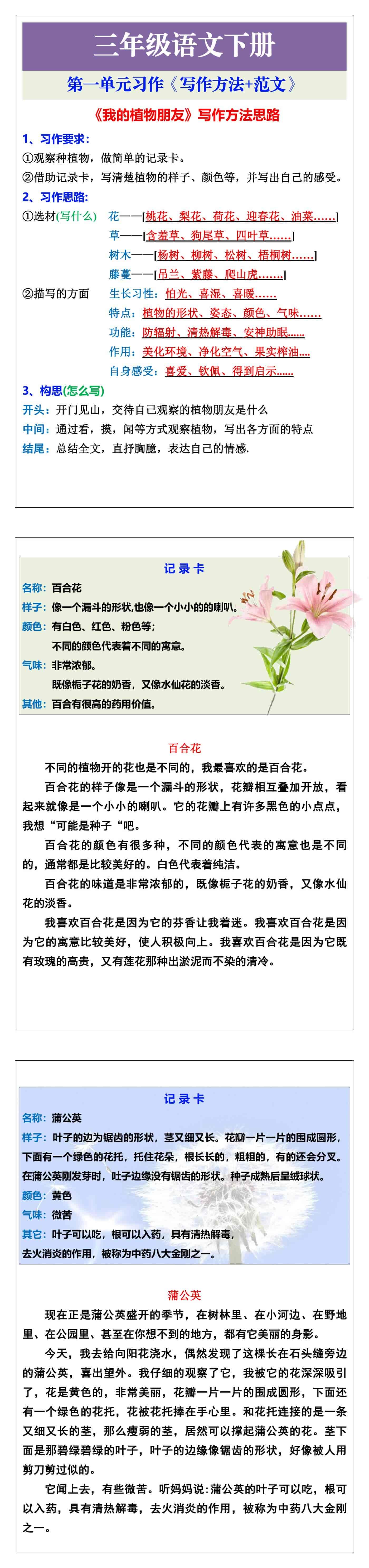 三年级语文下册第一单元习作《写作方法+范文》