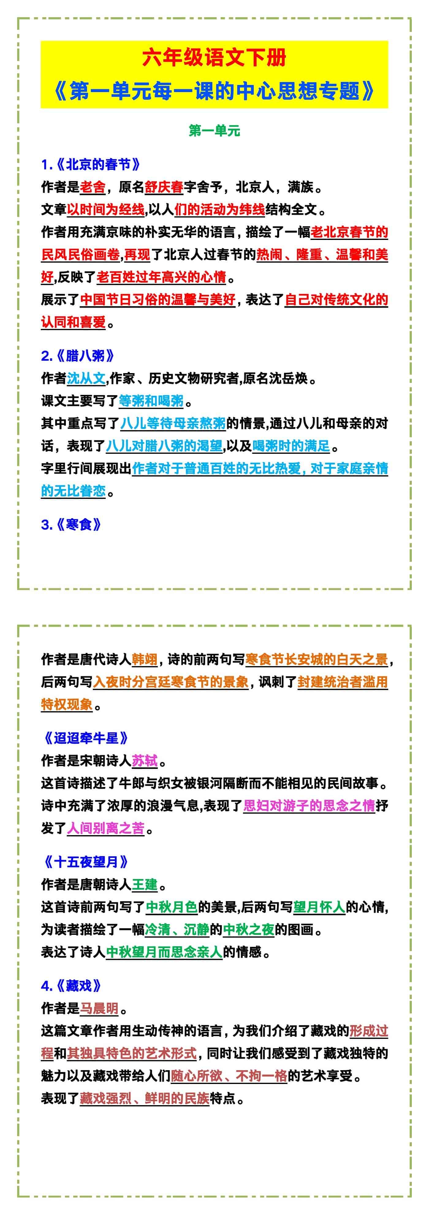 六年级语文下册《第一单元每一课的中心思想专