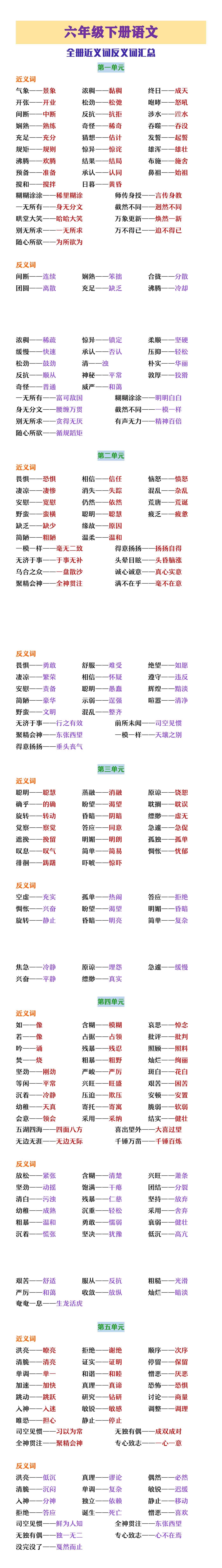 六年级下册语文全册近义词反义词汇总