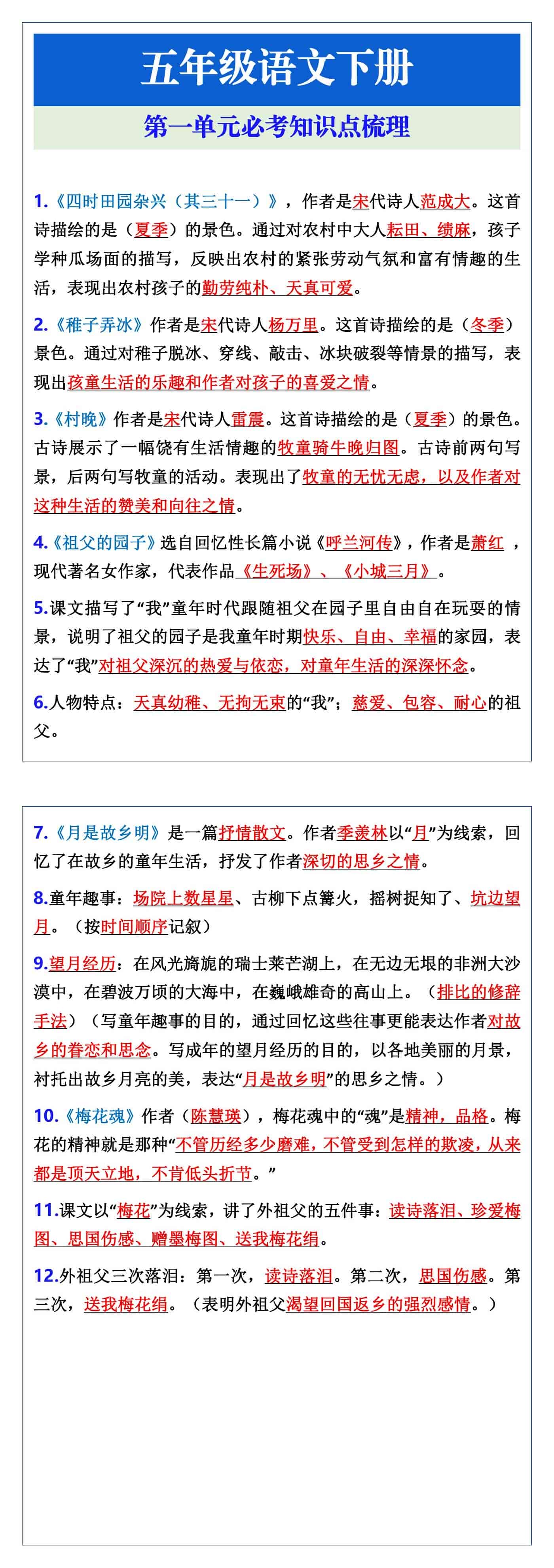 五年级语文下册第一单元必考知识点梳理