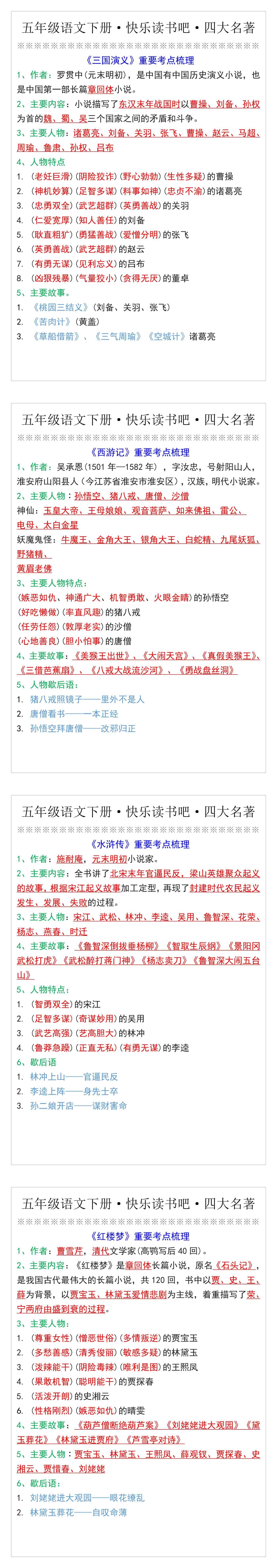 五年级语文下册快乐读书吧四大名著考点梳理