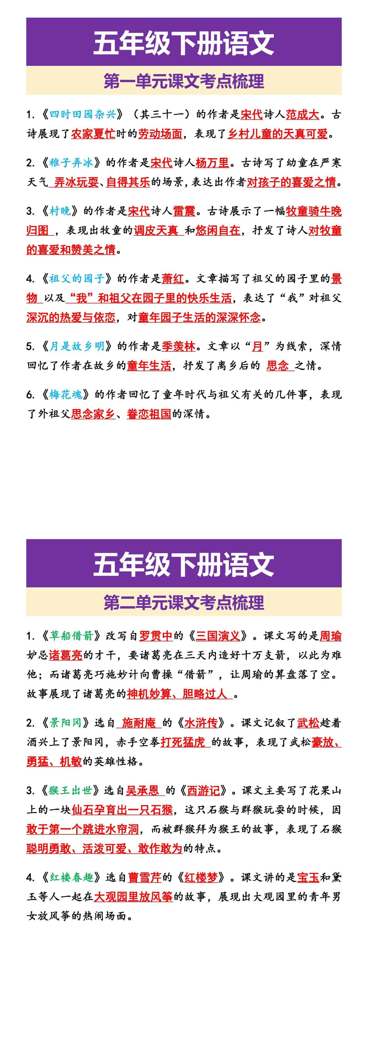 五年级下册语文课文考点梳理