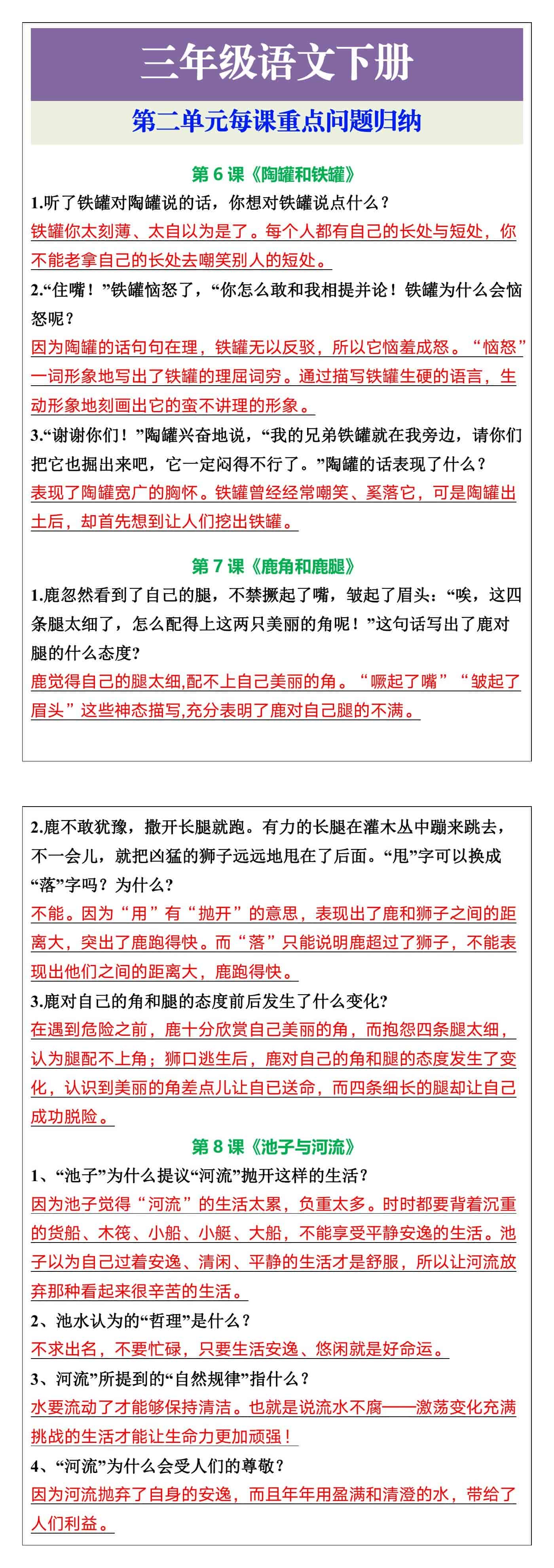 三年级语文下册第二单元每课重点问题归纳