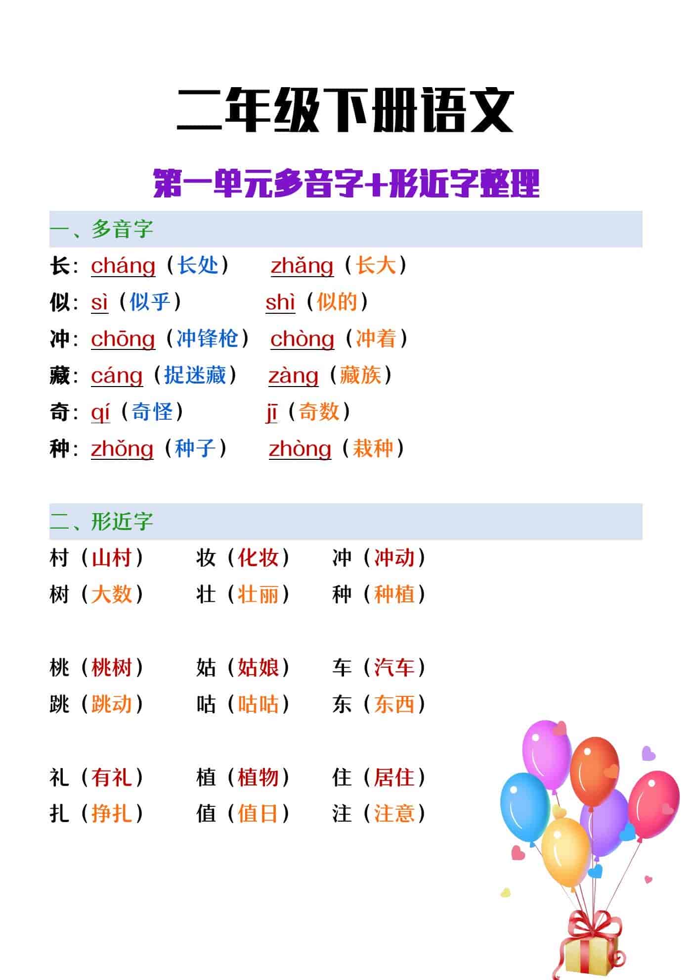 二年级下册语文第一单元多音字及形近字整理