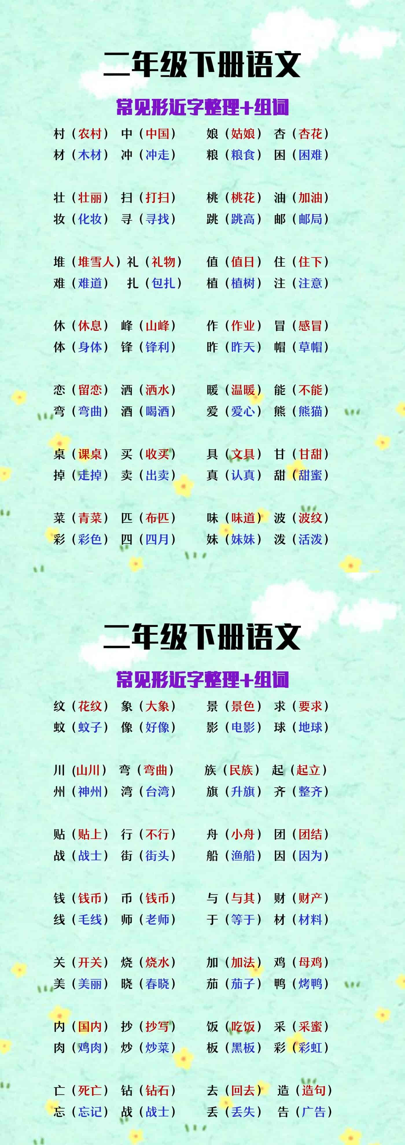 二年级下册语文常见形近字整理+组词