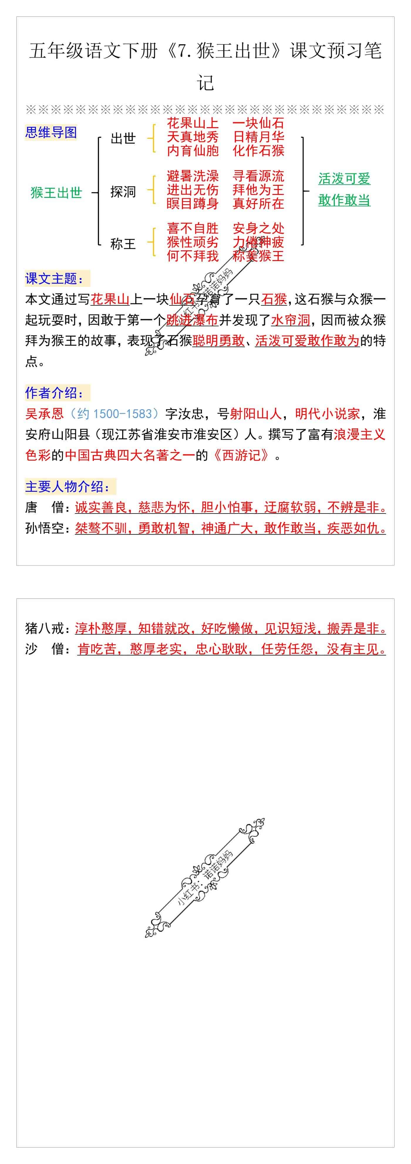 五年级语文下册《7.猴王出世》课文预习笔记