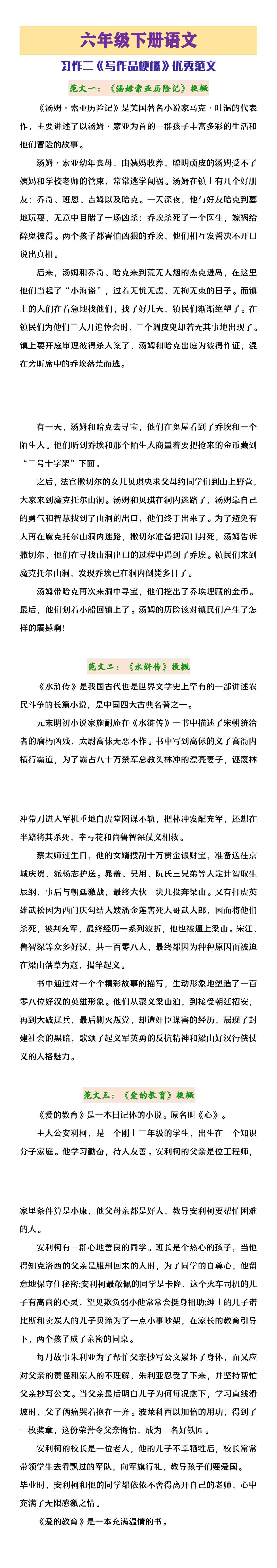 六年级下册语文习作二《写作品梗概》优秀范文
