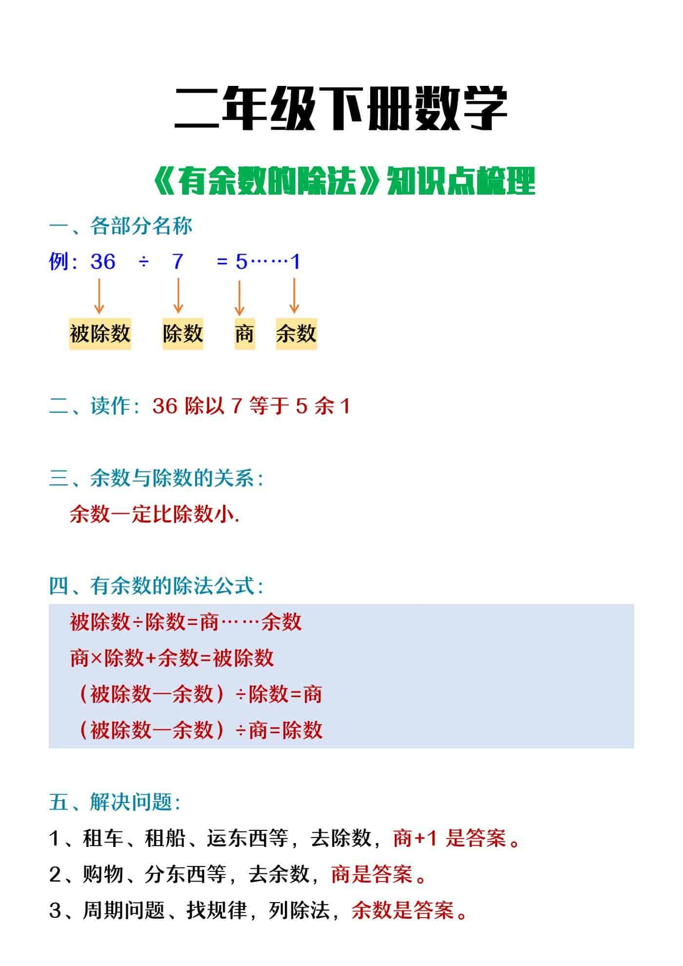 二年级下册数学《有余数的除法》知识点梳理