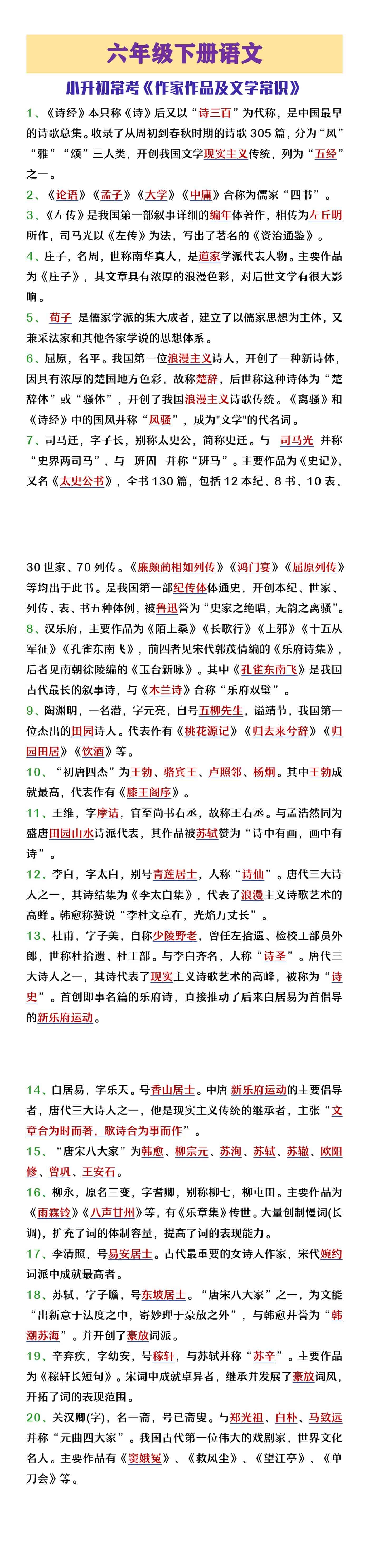 六年级下册语文小升初常考作品作家及文学常识