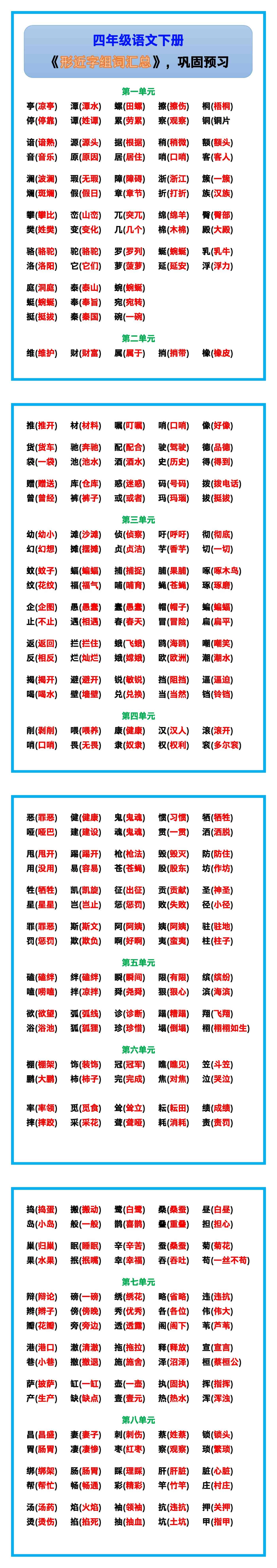四年级语文下册《形近字》组词汇总，巩固预习