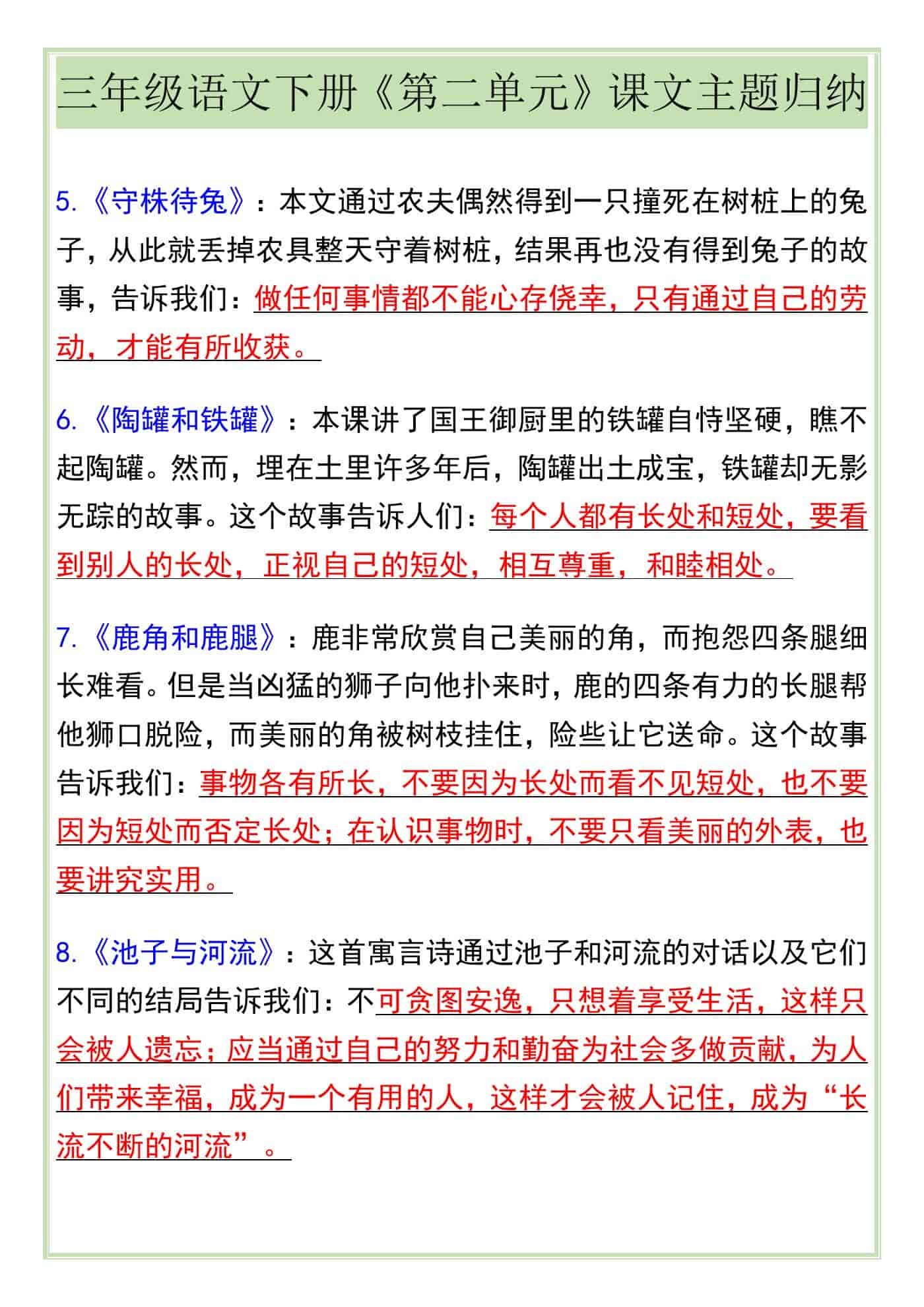 三年级语文下册《第二单元》课文主题归纳