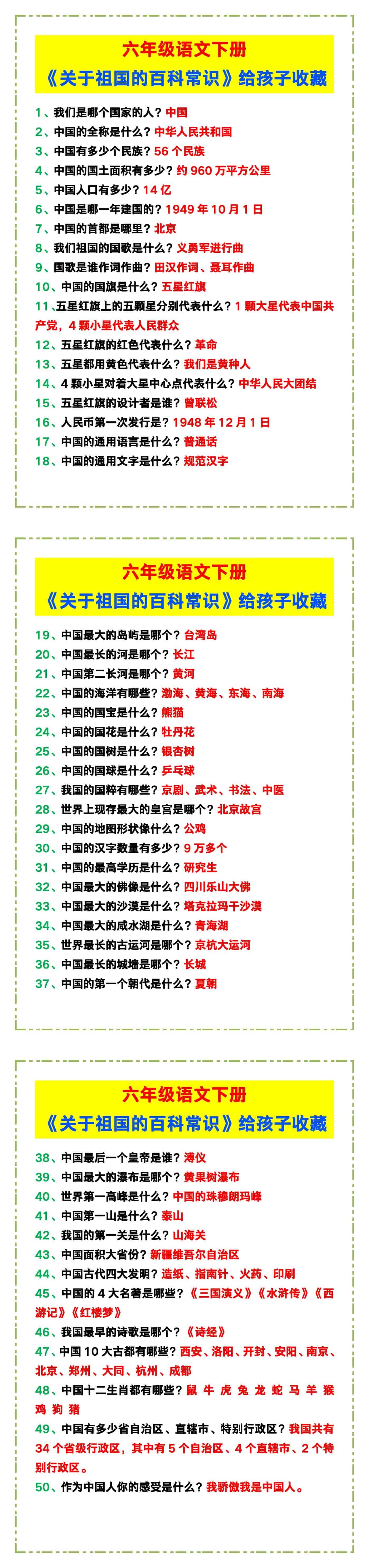 六年级语文下册《关于祖国的百科常识》，给孩
