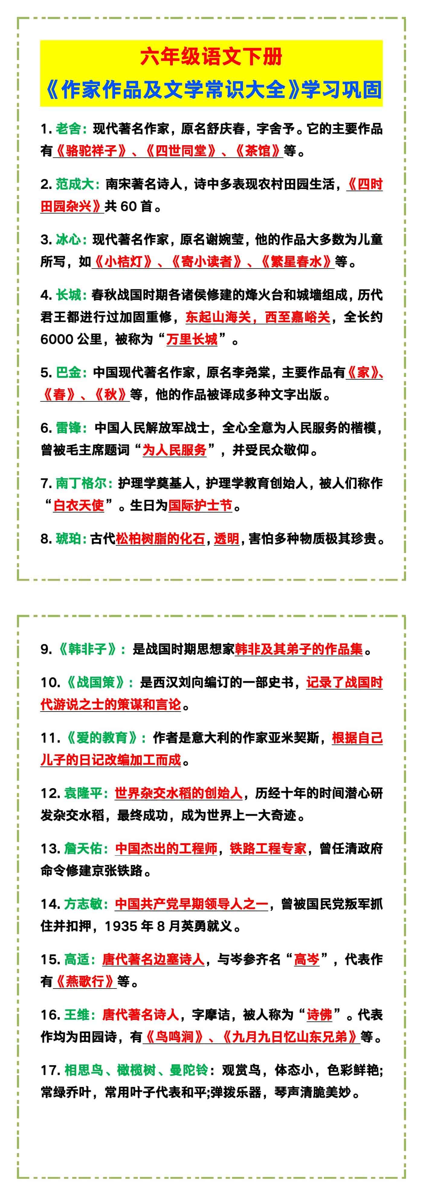 六年级语文下册《作家作品及文学常识大全》！
