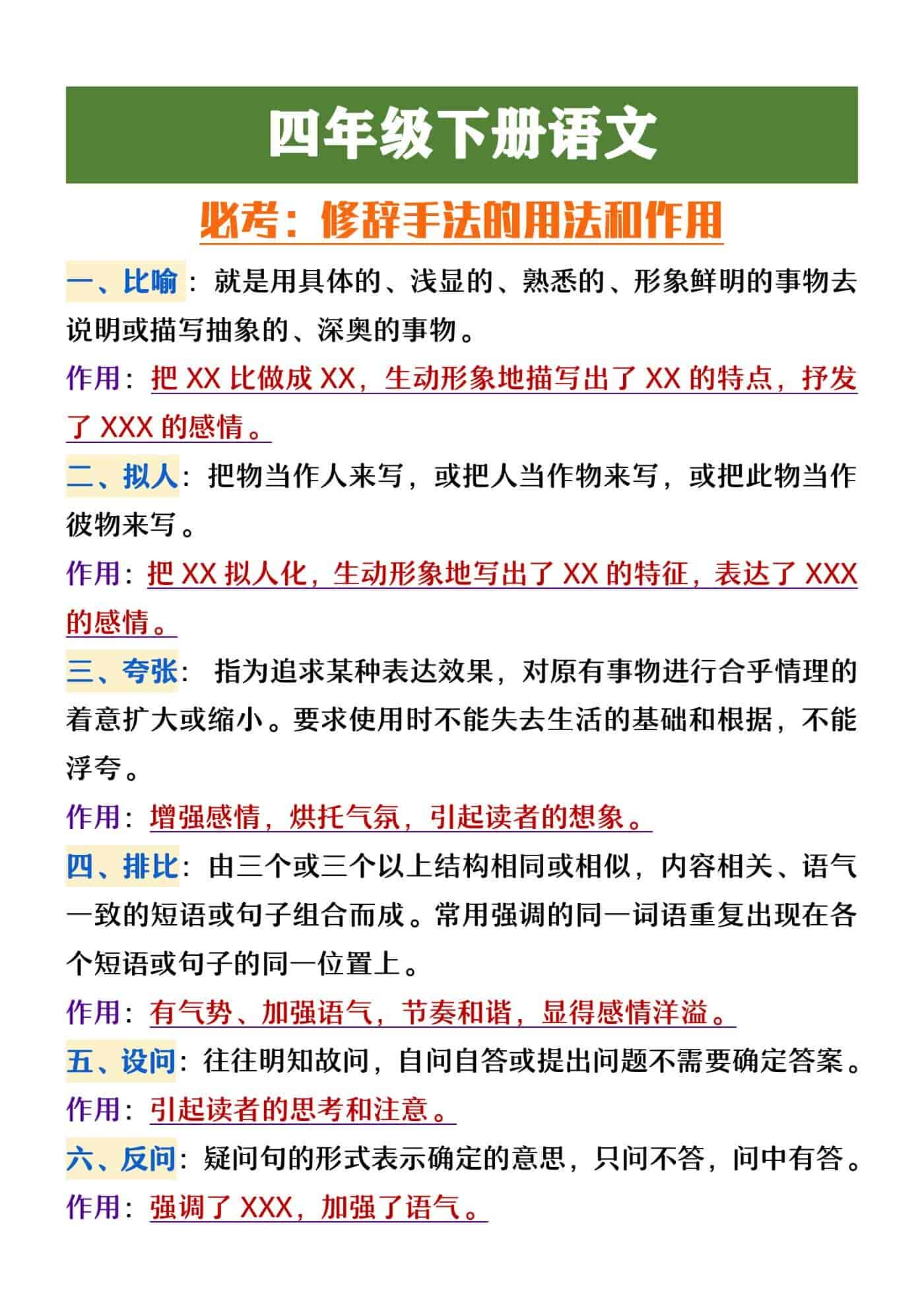 四年级下册语文修辞手法的用法和作用