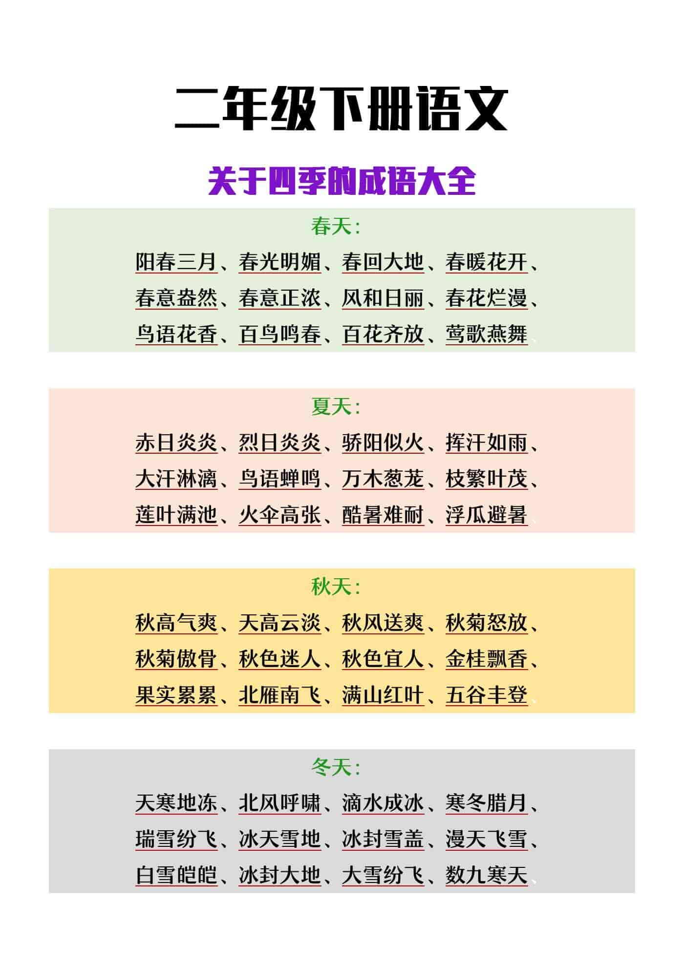 二年级下册语文关于四季的成语大全