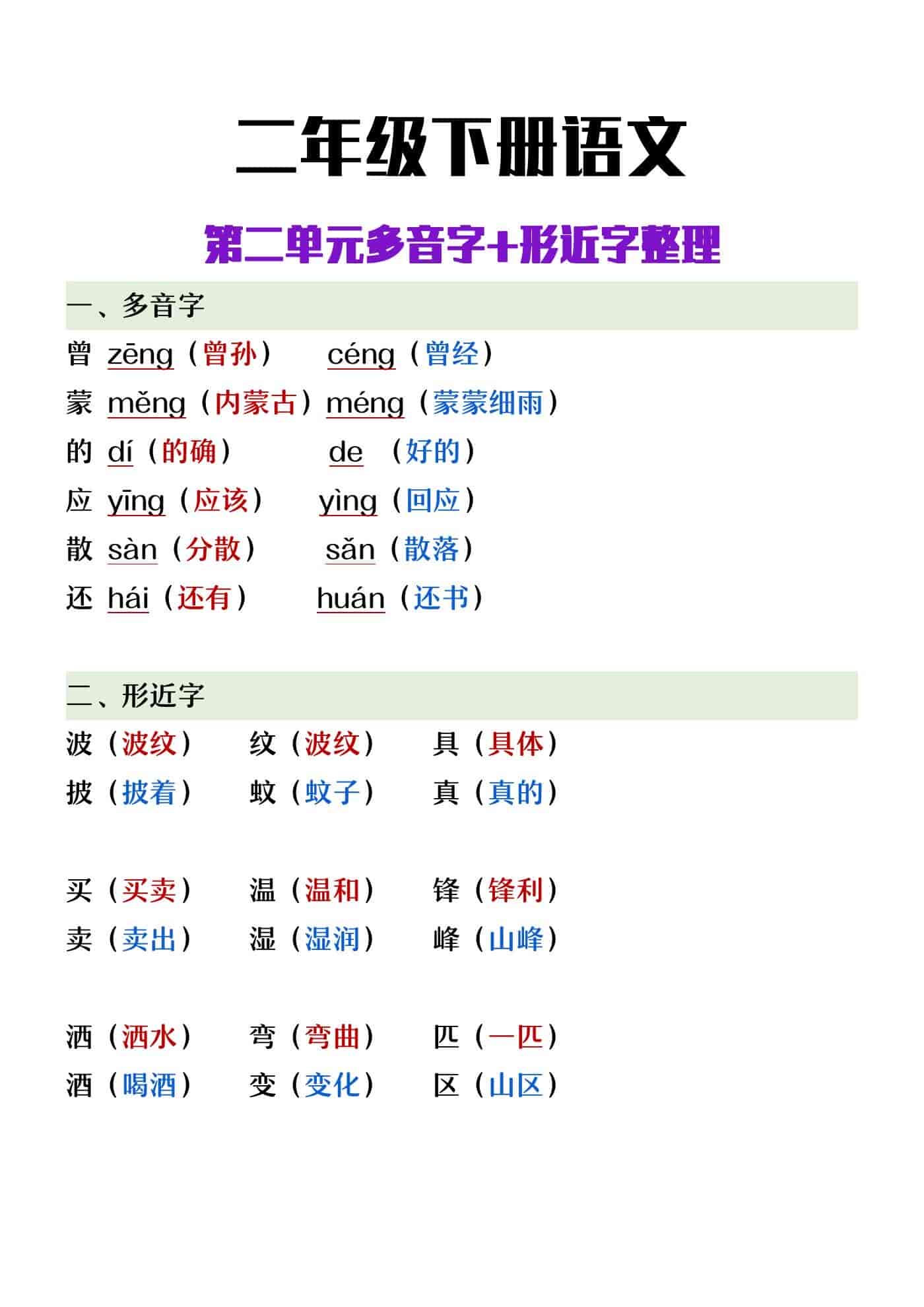 二年级下册语文第二单元多音字形近字整理