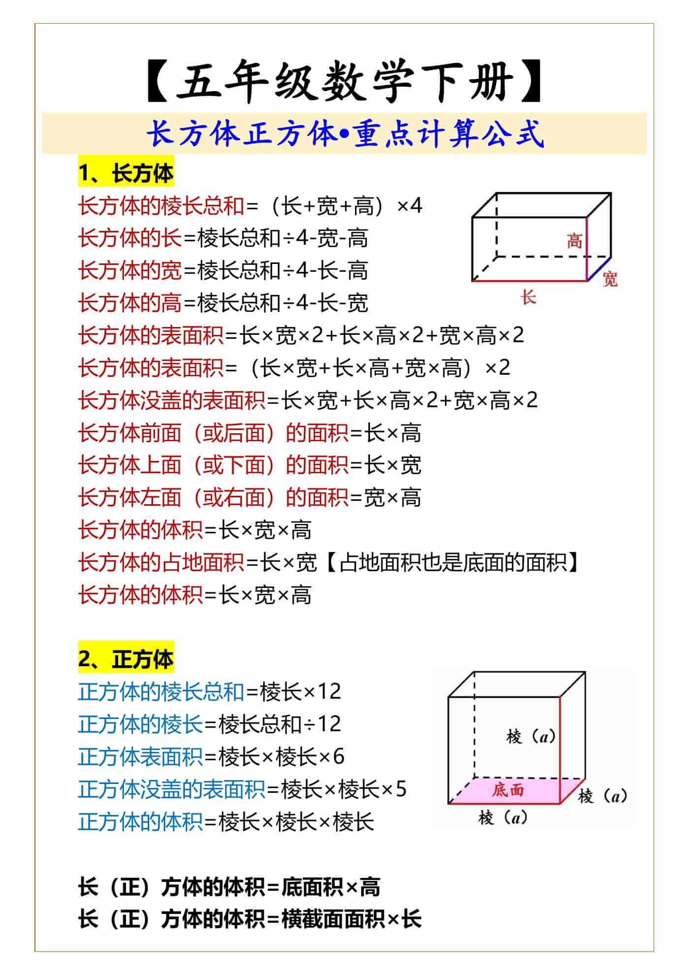 五年级数学下册 长方体正方体公式