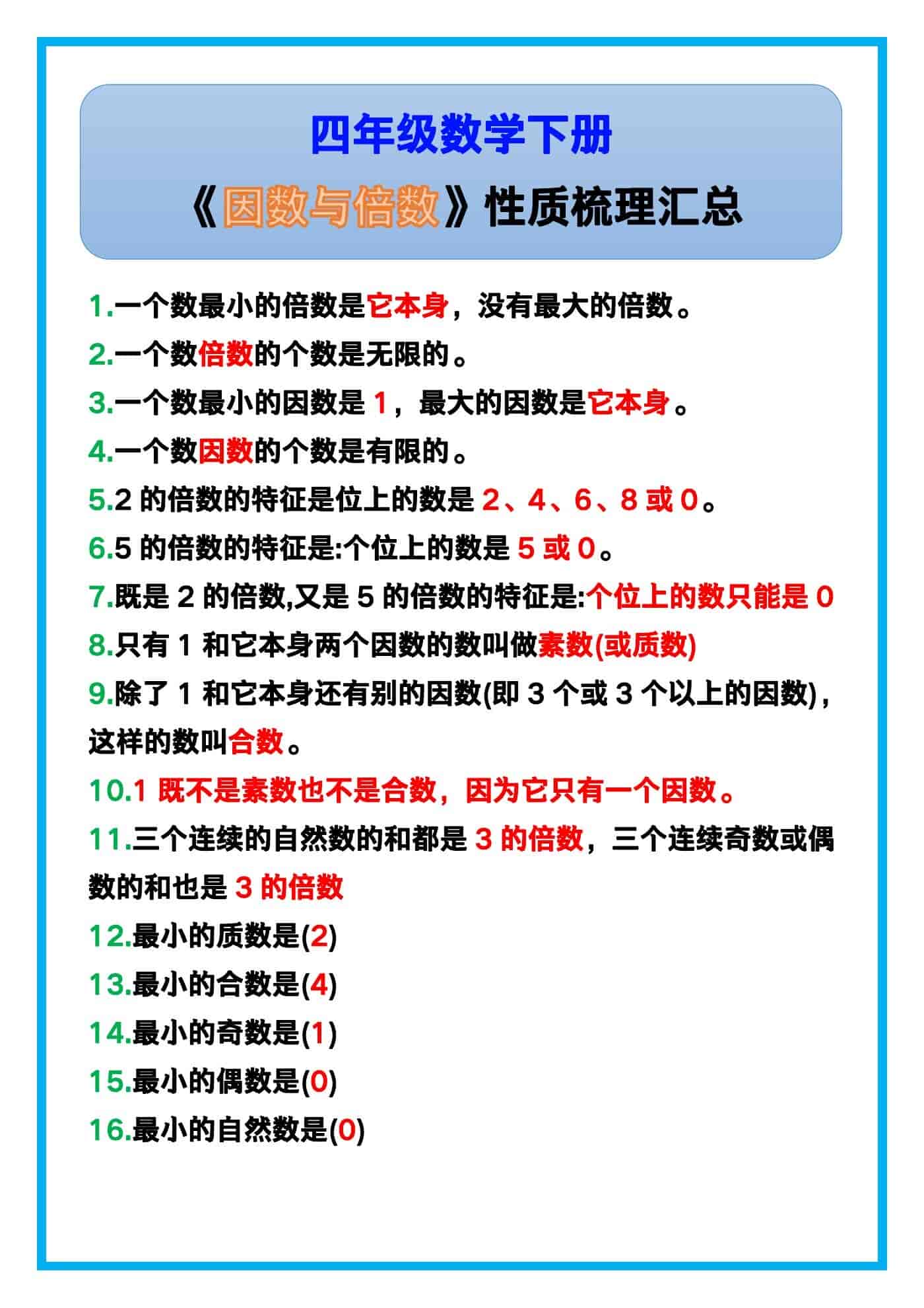 四年级数学下册《因数与倍数》性质梳理汇总！