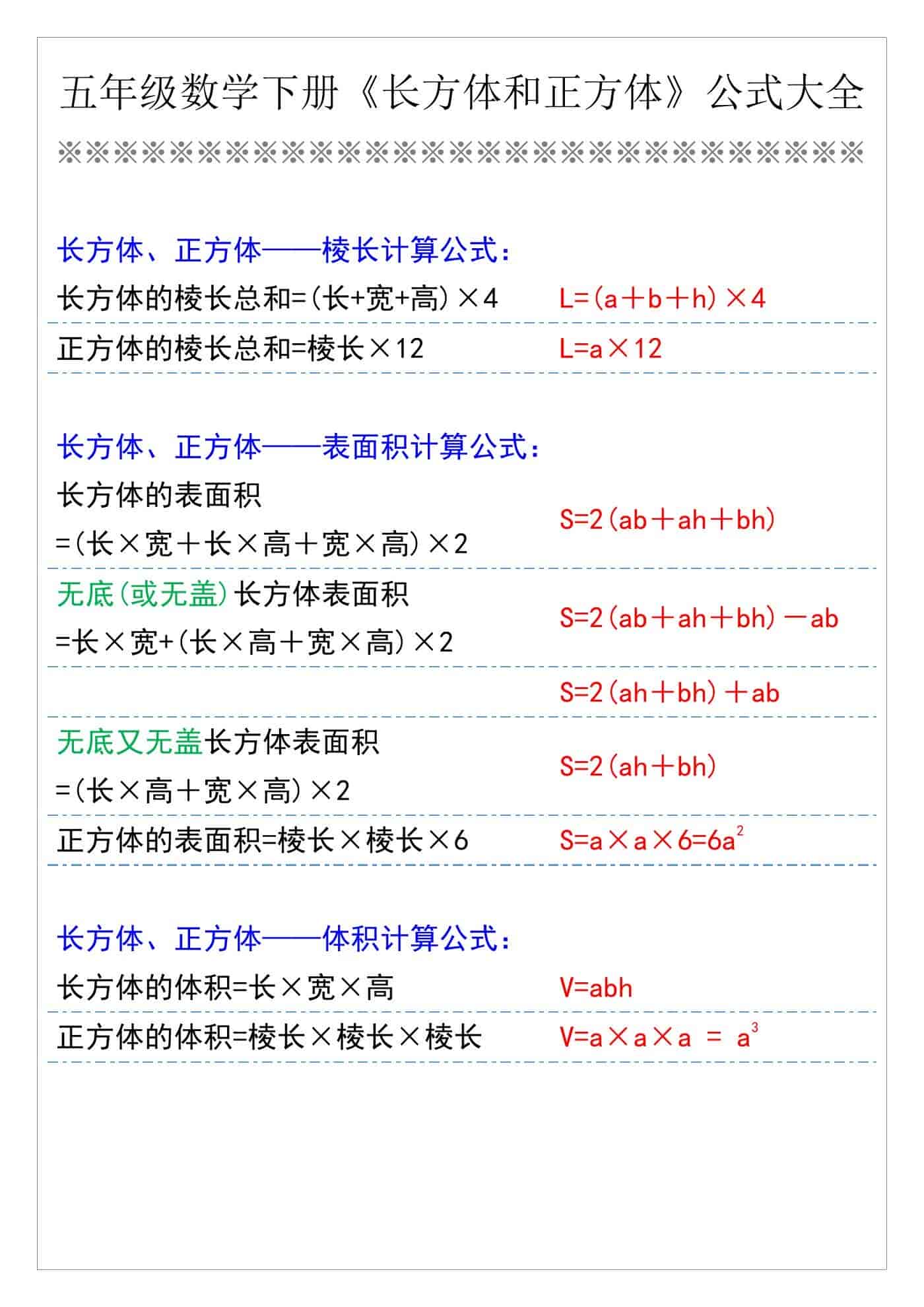 五年级数学下册《长方体和正方体》公式大全