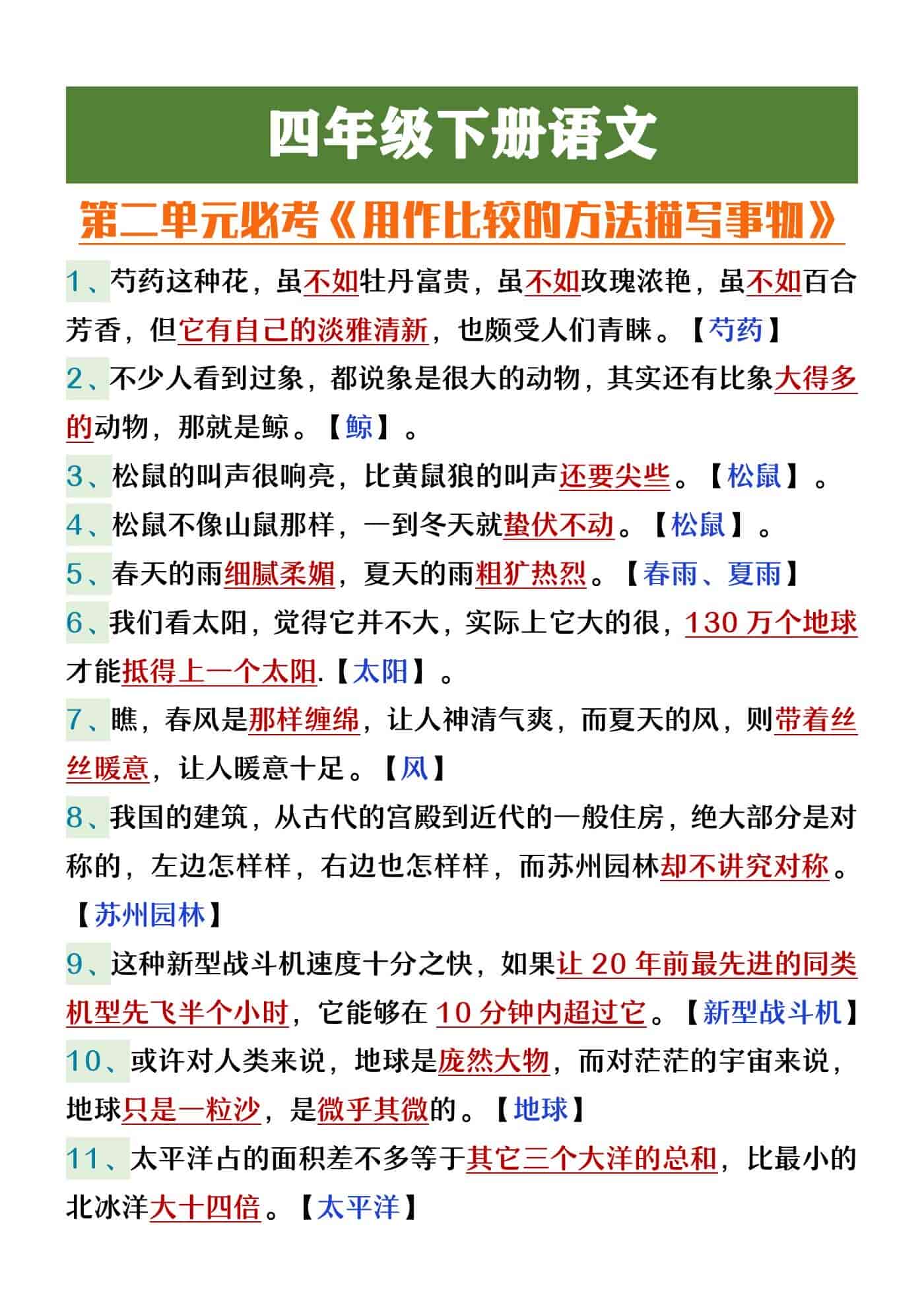 四年级下册语文第二单元必考用作比较的方法描