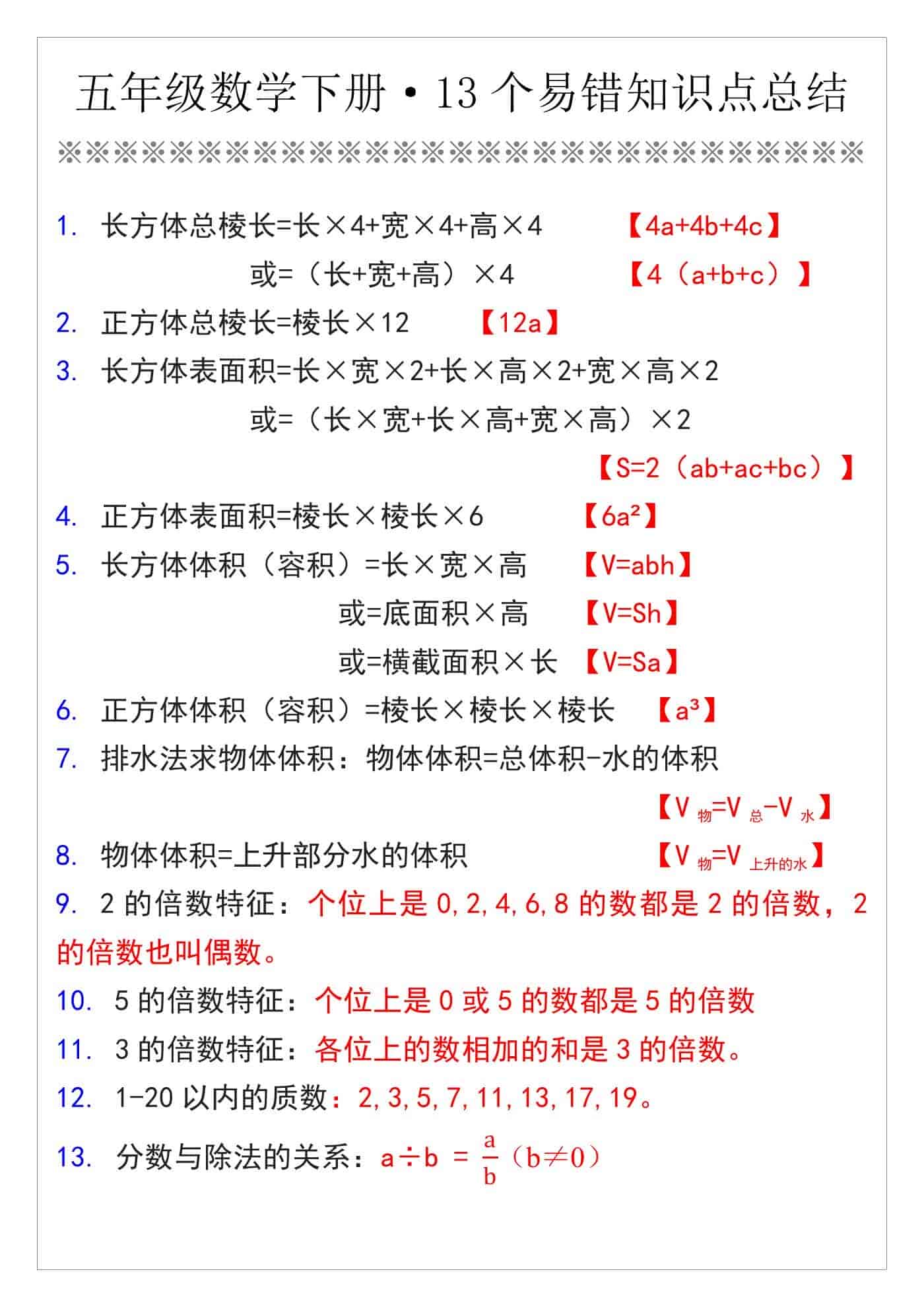 五年级数学下册·13个易错知识点总结