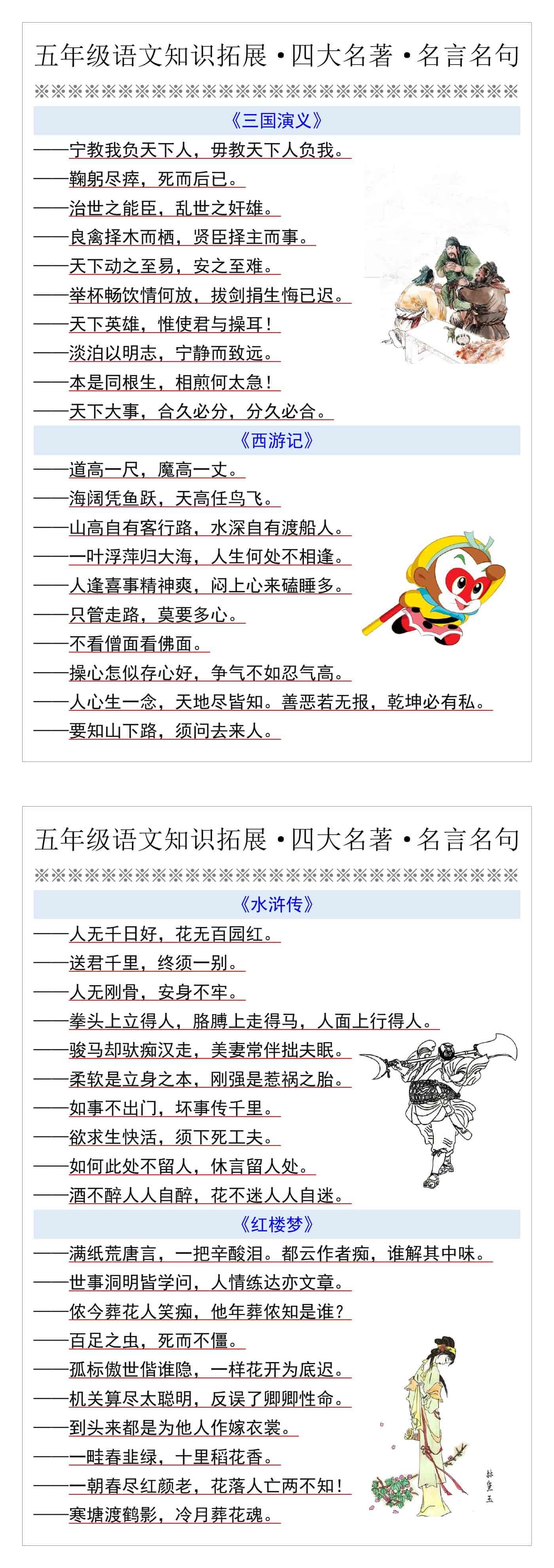 五年级语文知识拓展·四大名著·名言名句