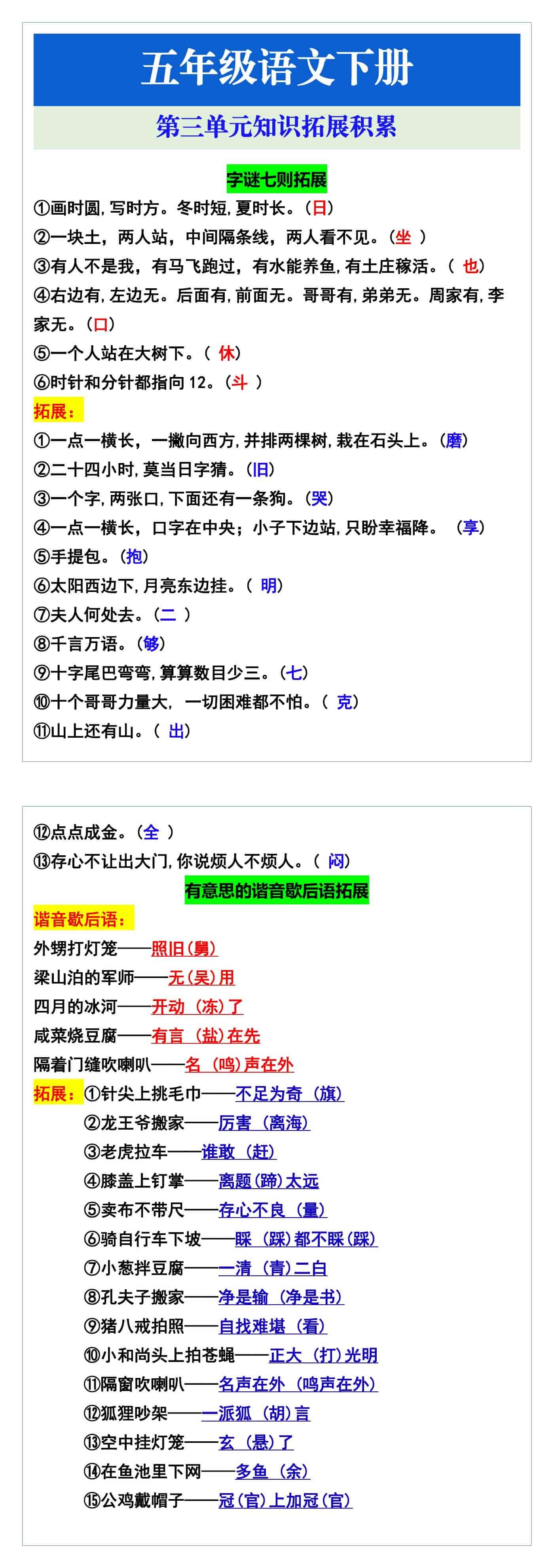 五年级语文下册第三单元课外知识拓展
