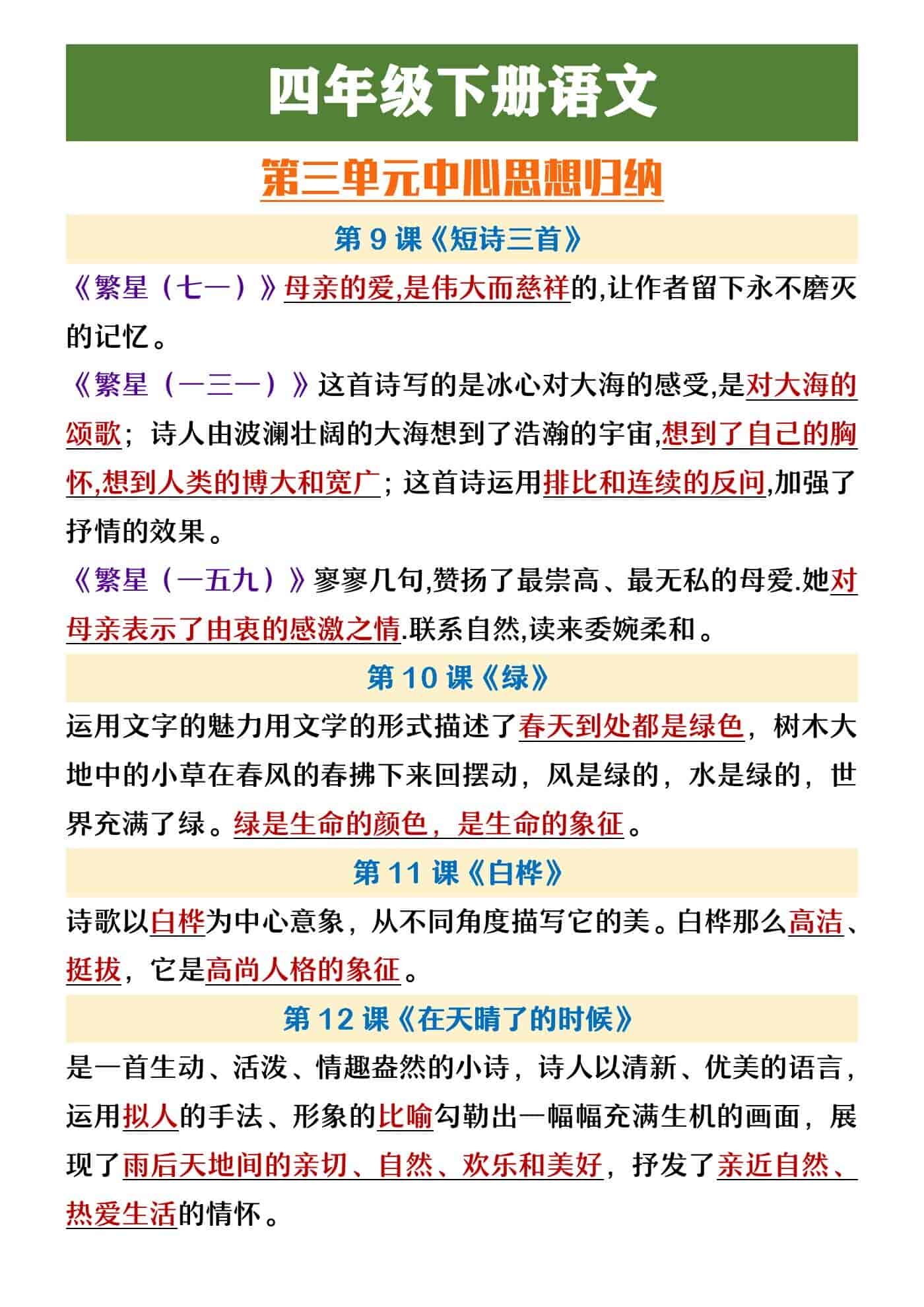 四年级下册语文第三单元中心思想归纳