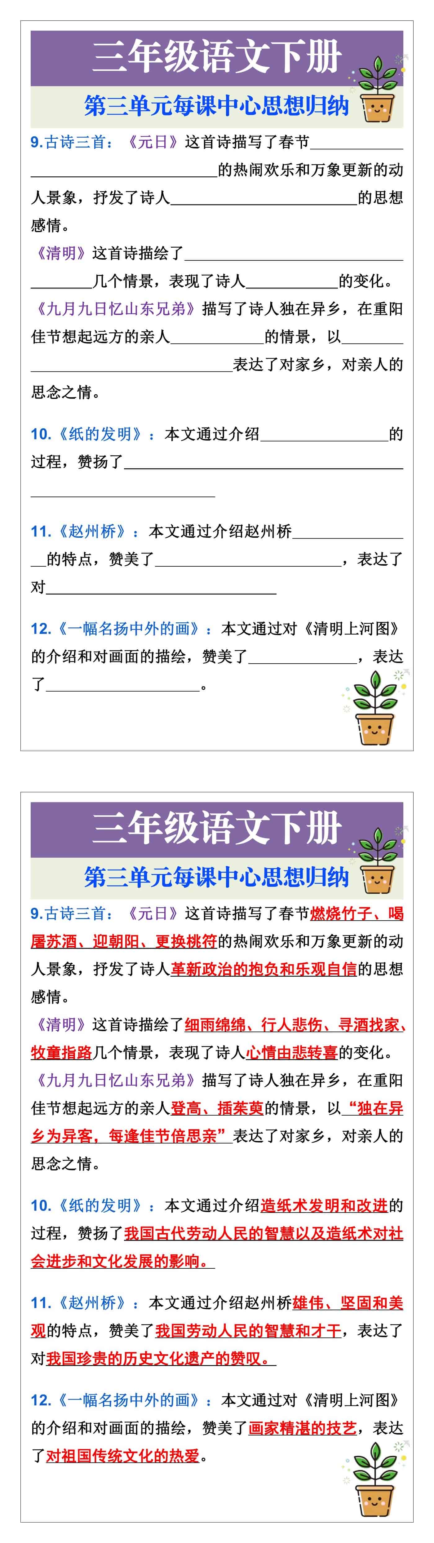 三年级语文下册第三单元每课中心思想归纳