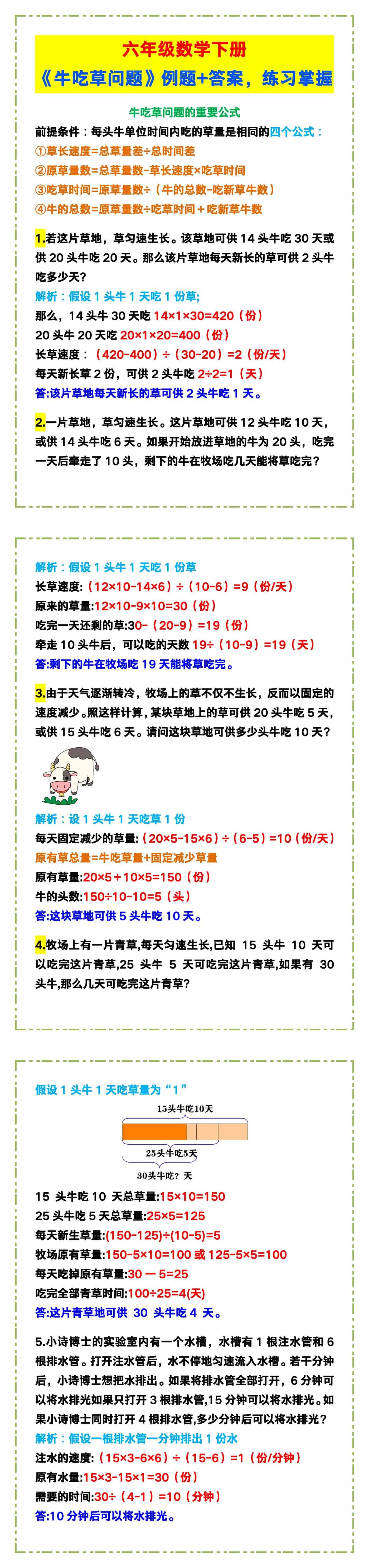 六年级数学下册《牛吃草问题》例题+答案，练习