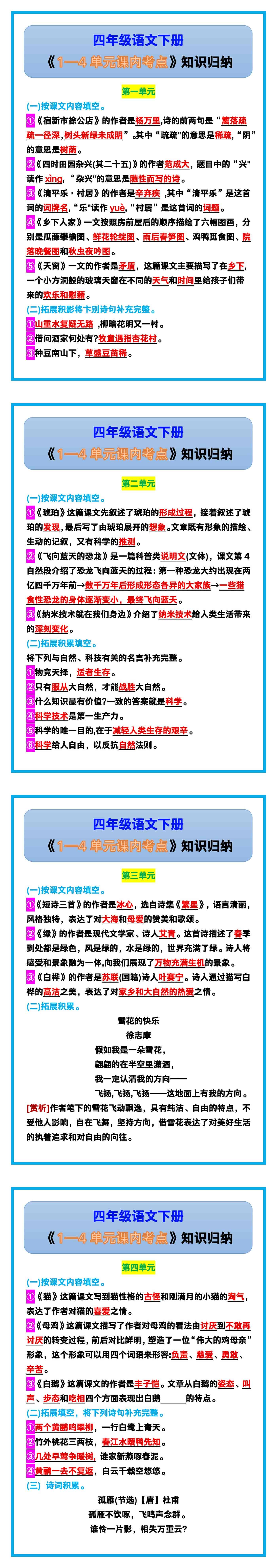 四年级语文下册《1—4单元课内考点》知识归纳！