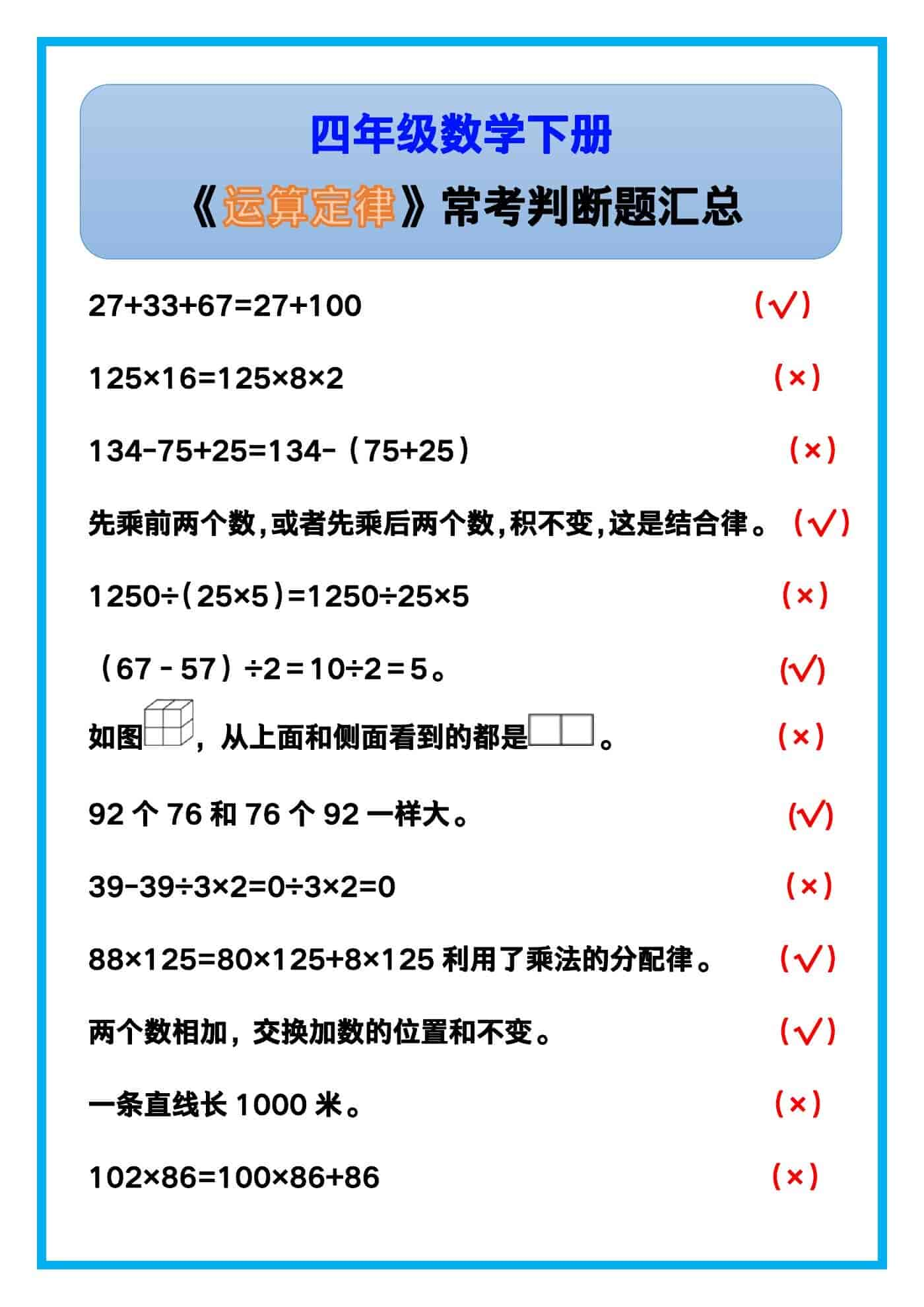 四年级数学下册《运算定律》常考判断题汇总！