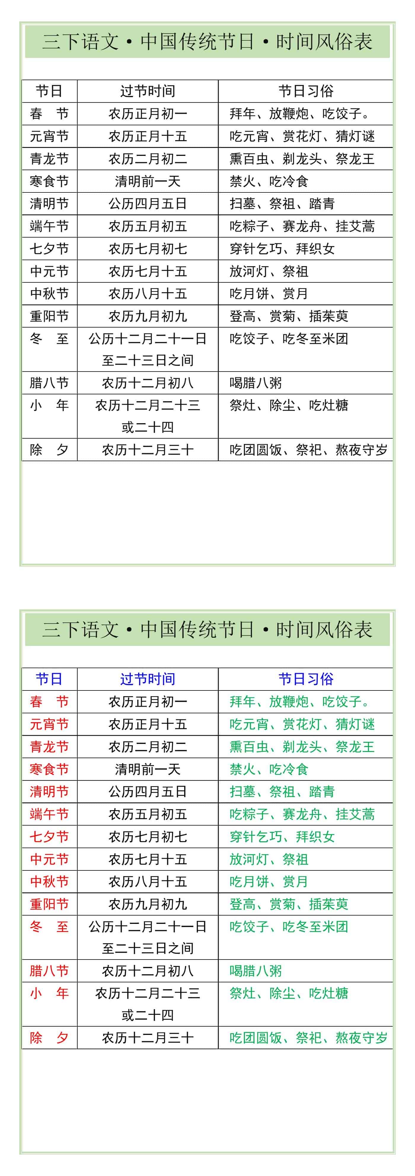 三下语文中国传统节日时间风俗表