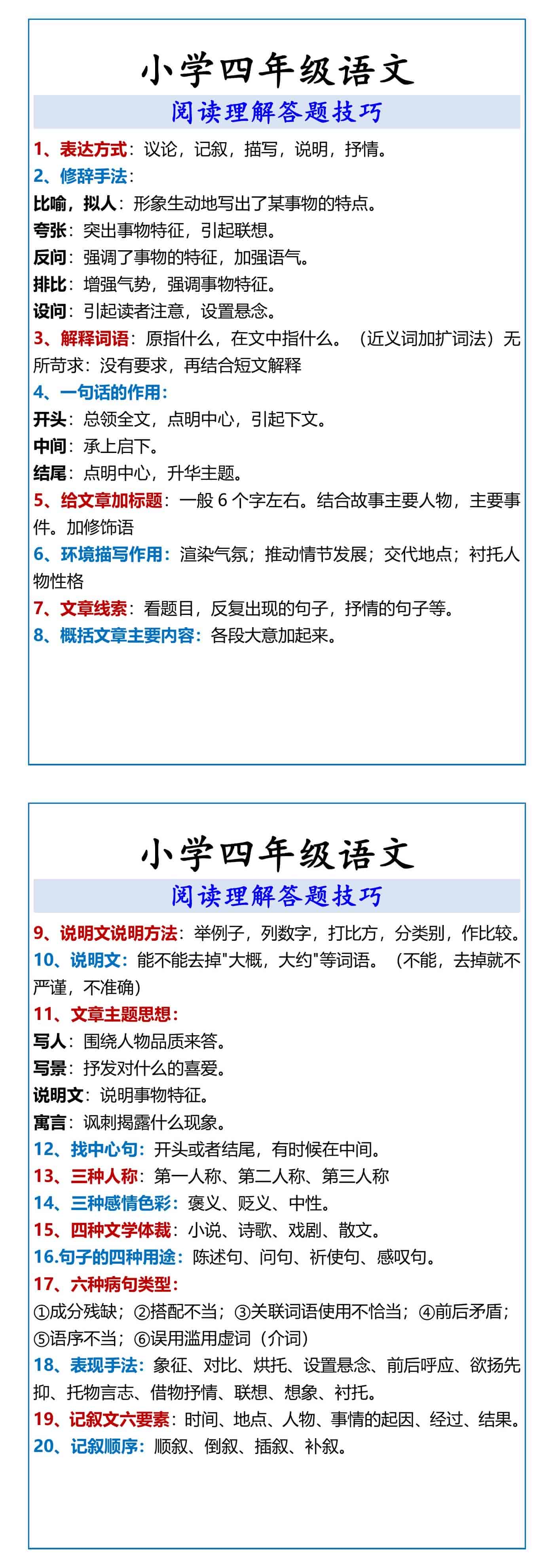 小学四年级语文 阅读理解答题技巧