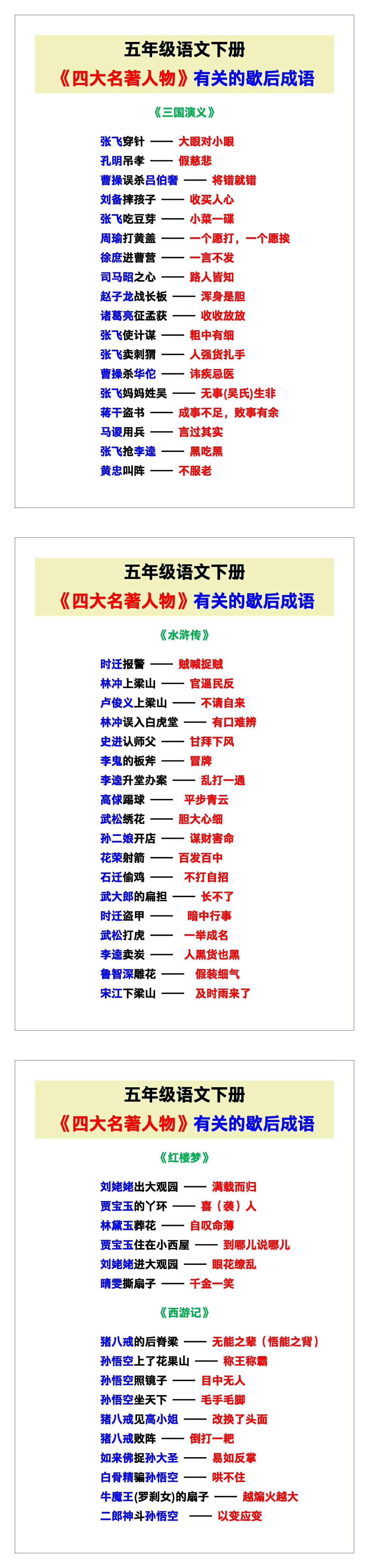 五年级语文下册《四大名著人物有关的歇后成语