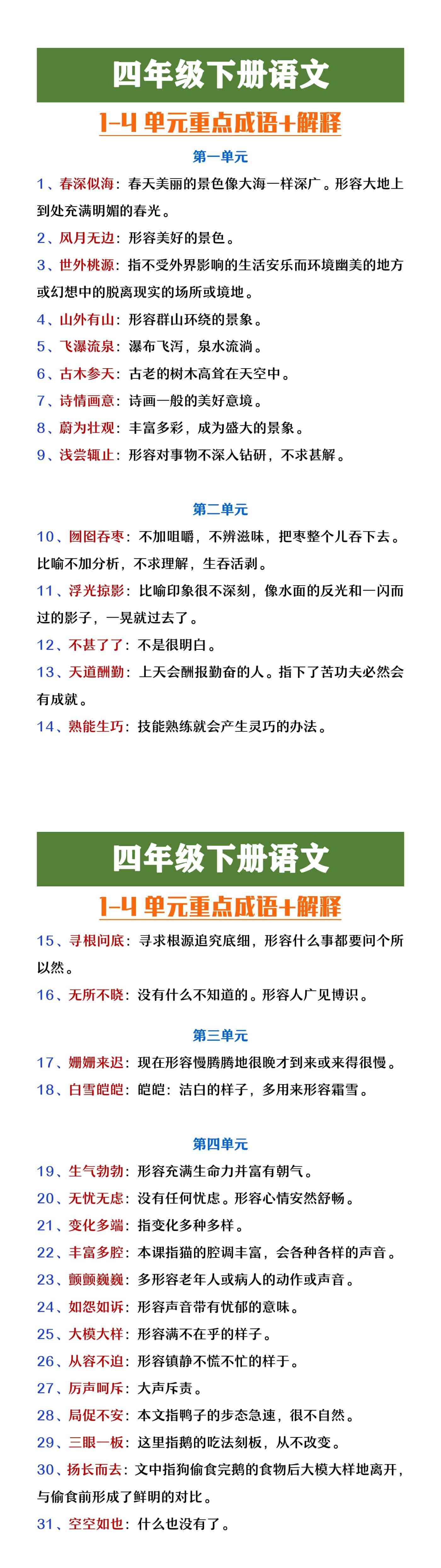 四年级下册语文1-4单元重点成语及解释