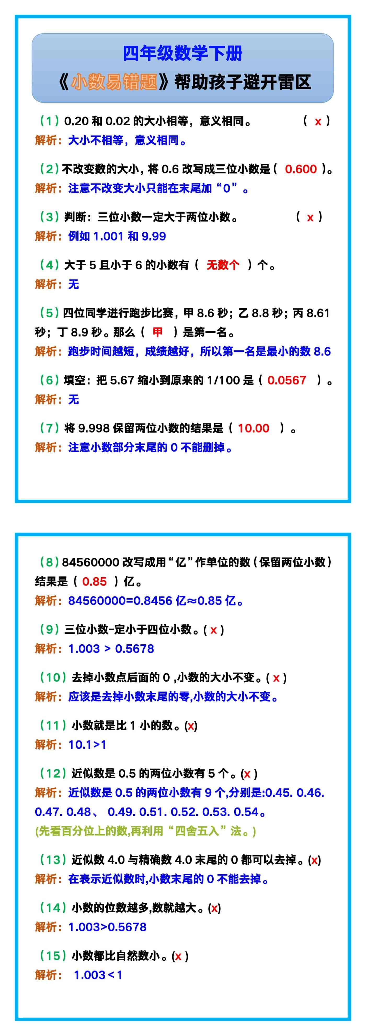 四年级数学下册《小数易错题》，帮助孩子避开