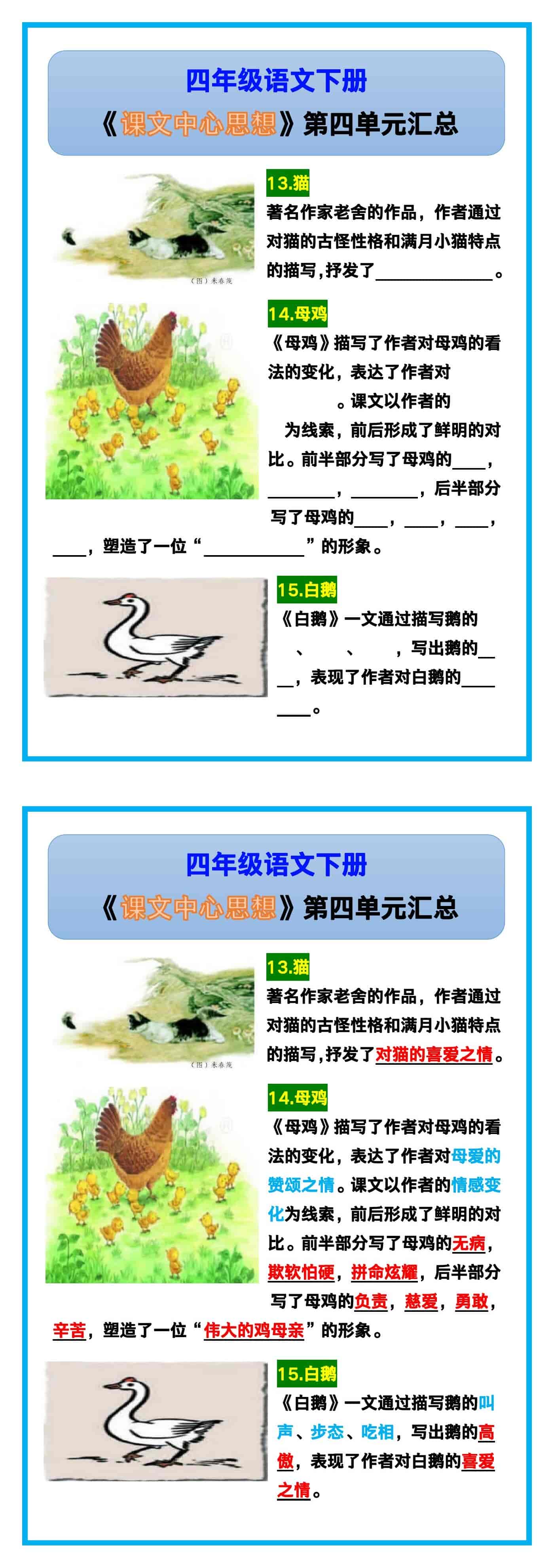 四年级语文下册《第四单元课文中心思想汇总》