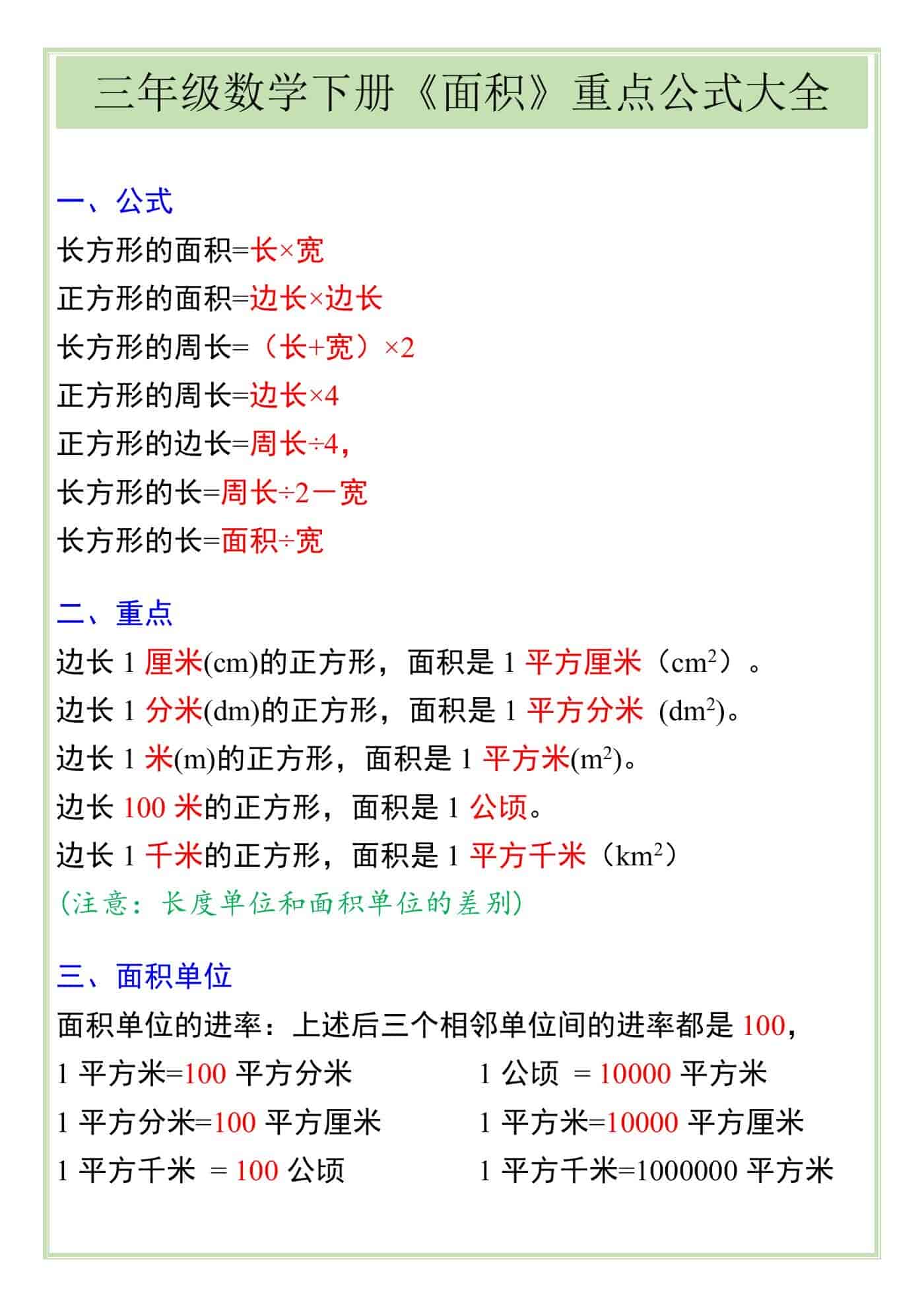 三年级数学下册《面积》重点公式大全