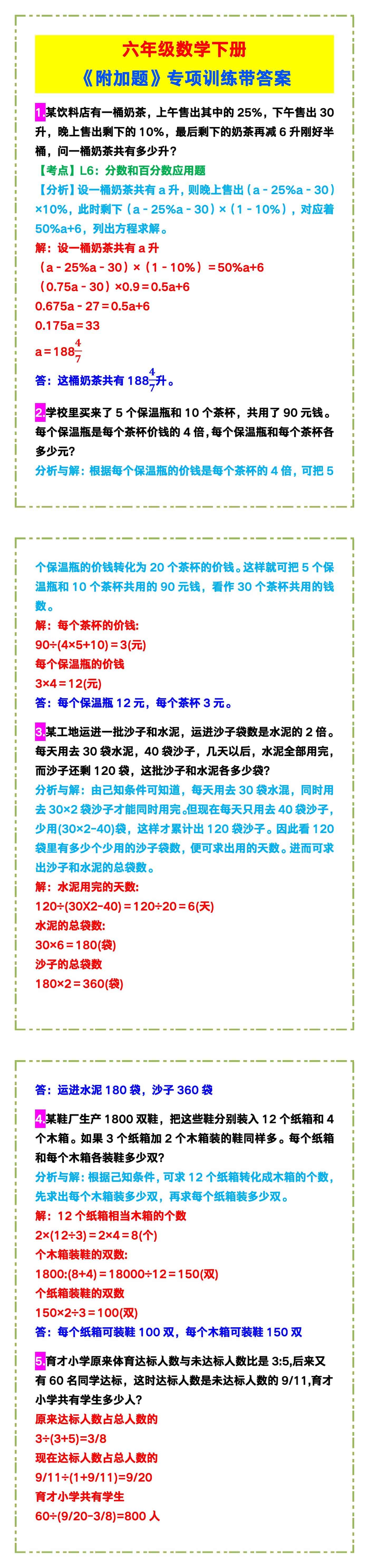 六年级数学下册《附加题》专项训练！